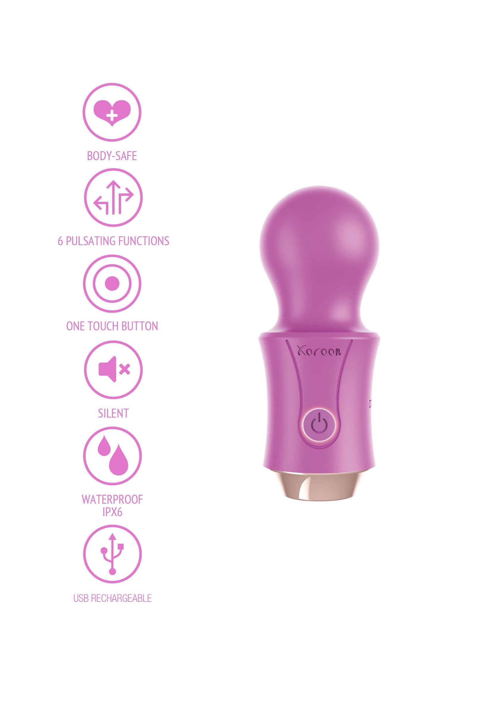 Vibrateur Everon rose, sûr pour le corps, avec 6 fonctions, bouton tactile unique, silencieux, étanche IPX6 et rechargeable par USB.; Roze Everon vibrator, lichaamsveilig, met 6 functies, one-touch knop, stil, IPX6 waterdicht en USB oplaadbaar.; Pink Everon vibrator, body-safe, with 6 functions, one-touch button, silent, IPX6 waterproof and USB rechargeable.