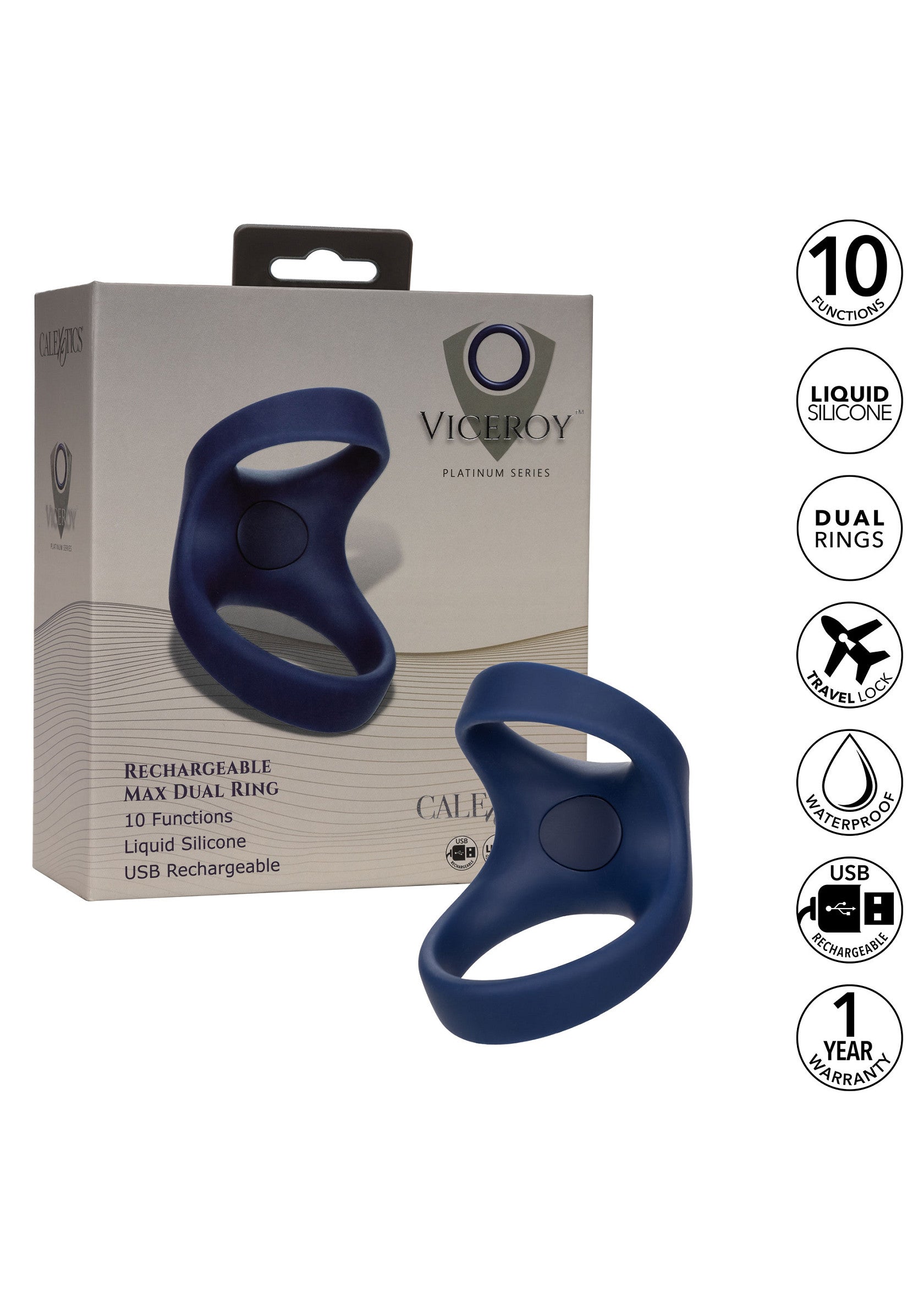 Anneau pénien double Viceroy rechargeable. Silicone liquide, 10 fonctions, étanche et verrouillage voyage.; Oplaadbare Viceroy dubbele penisring. Vloeibare siliconen, 10 functies, waterdicht en reisslot.; Rechargeable Viceroy dual penis ring. Liquid silicone, 10 functions, waterproof and travel lock.
