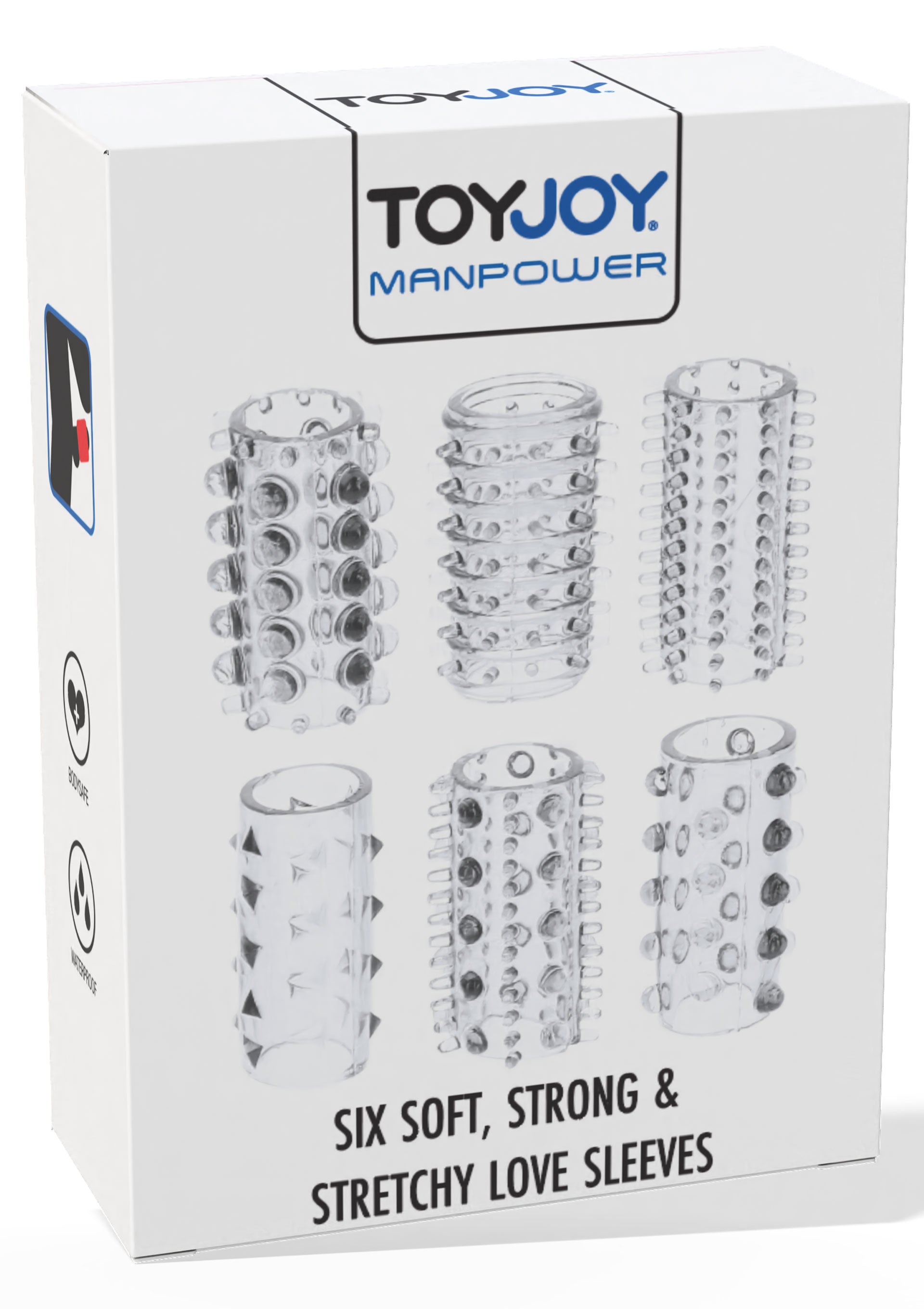 Six manchons d'amour doux, solides et extensibles ToyJoy Manpower.; Zes zachte, sterke en rekbare liefdeshoezen van ToyJoy Manpower.; ToyJoy Manpower six soft, strong & stretchy love sleeves.