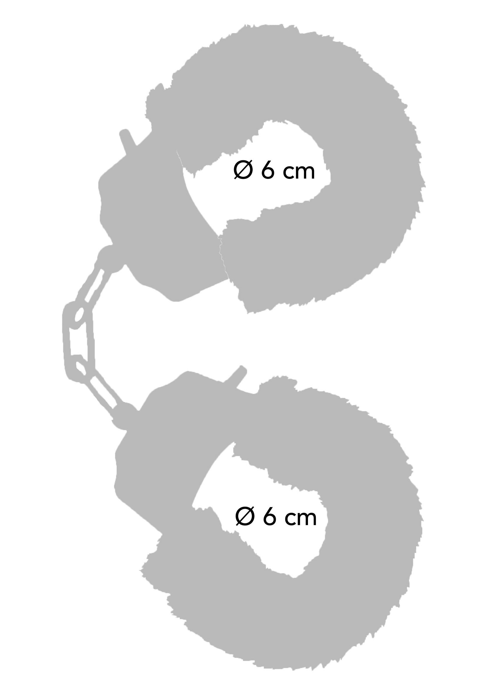 Menottes en métal avec fourrure douce de 6 cm de diamètre, idéales pour des jeux coquins et doux.; Metalen handboeien met zacht bont van 6 cm diameter, ideaal voor speelse en zachte spelletjes.; Metal handcuffs with soft fur of 6 cm diameter, ideal for playful and gentle games.