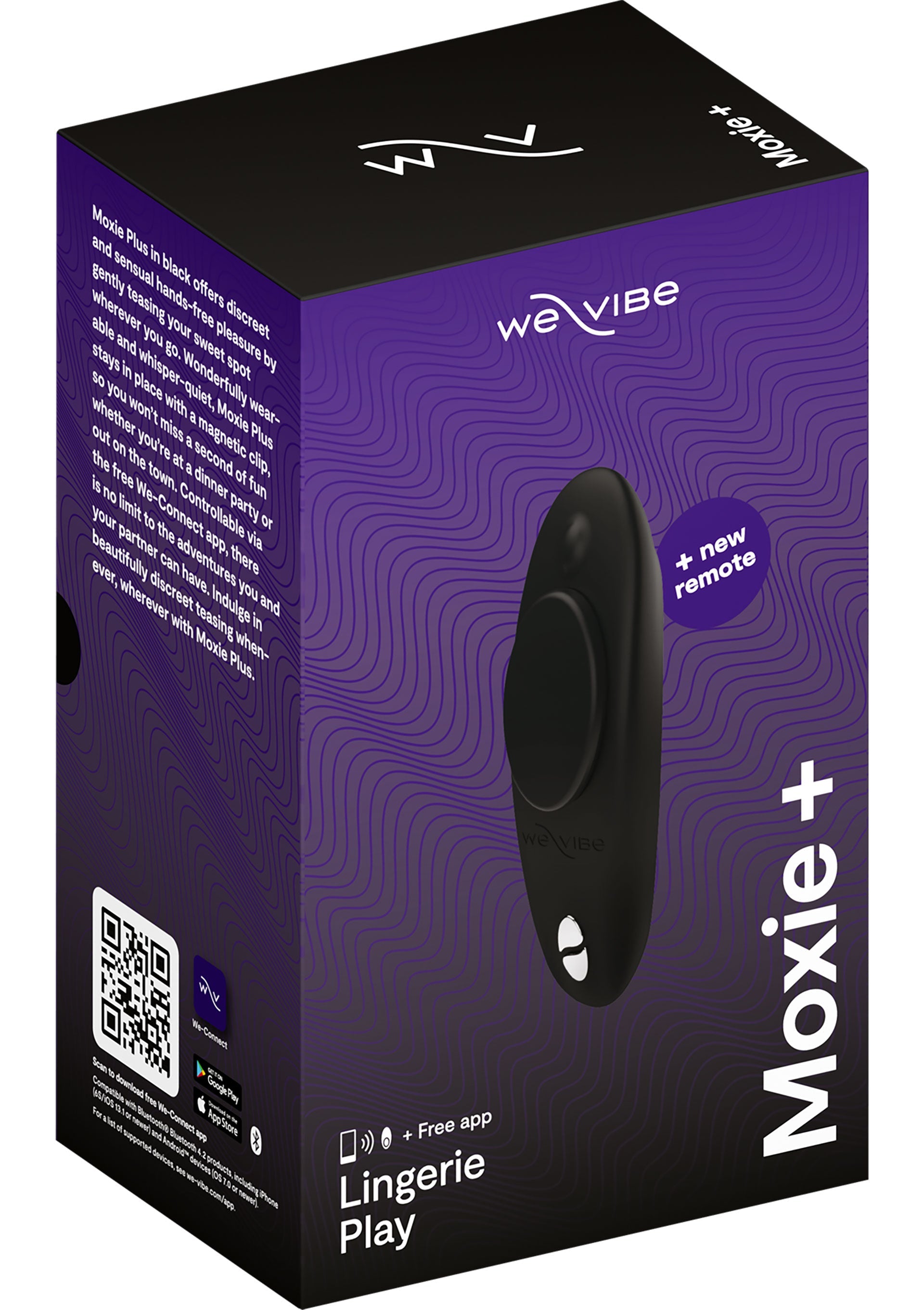 We-Vibe Moxie+ noir, vibromasseur discret avec application gratuite pour le plaisir du lingerie.; We-Vibe Moxie+ zwart, discrete vibrator met gratis app voor lingerie plezier.; We-Vibe Moxie+ black, discreet vibrator with free app for lingerie play.