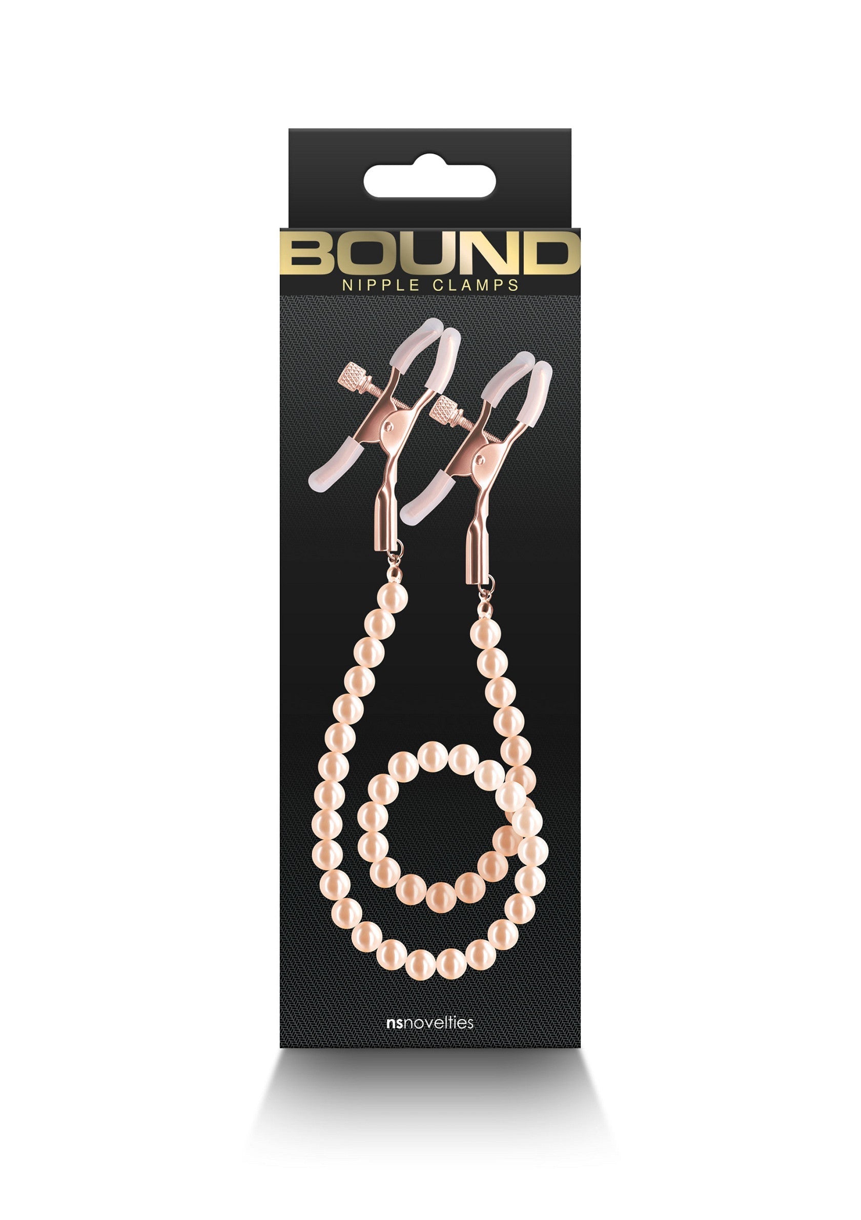 Pince-tétons Bound avec chaîne de perles dorées. Accessoires coquins pour pimenter votre vie amoureuse.; Bound tepelklemmen met gouden parelketting. Sexy accessoires om je liefdesleven op te fleuren.; Bound nipple clamps with gold pearl chain. Sexy accessories to spice up your love life.