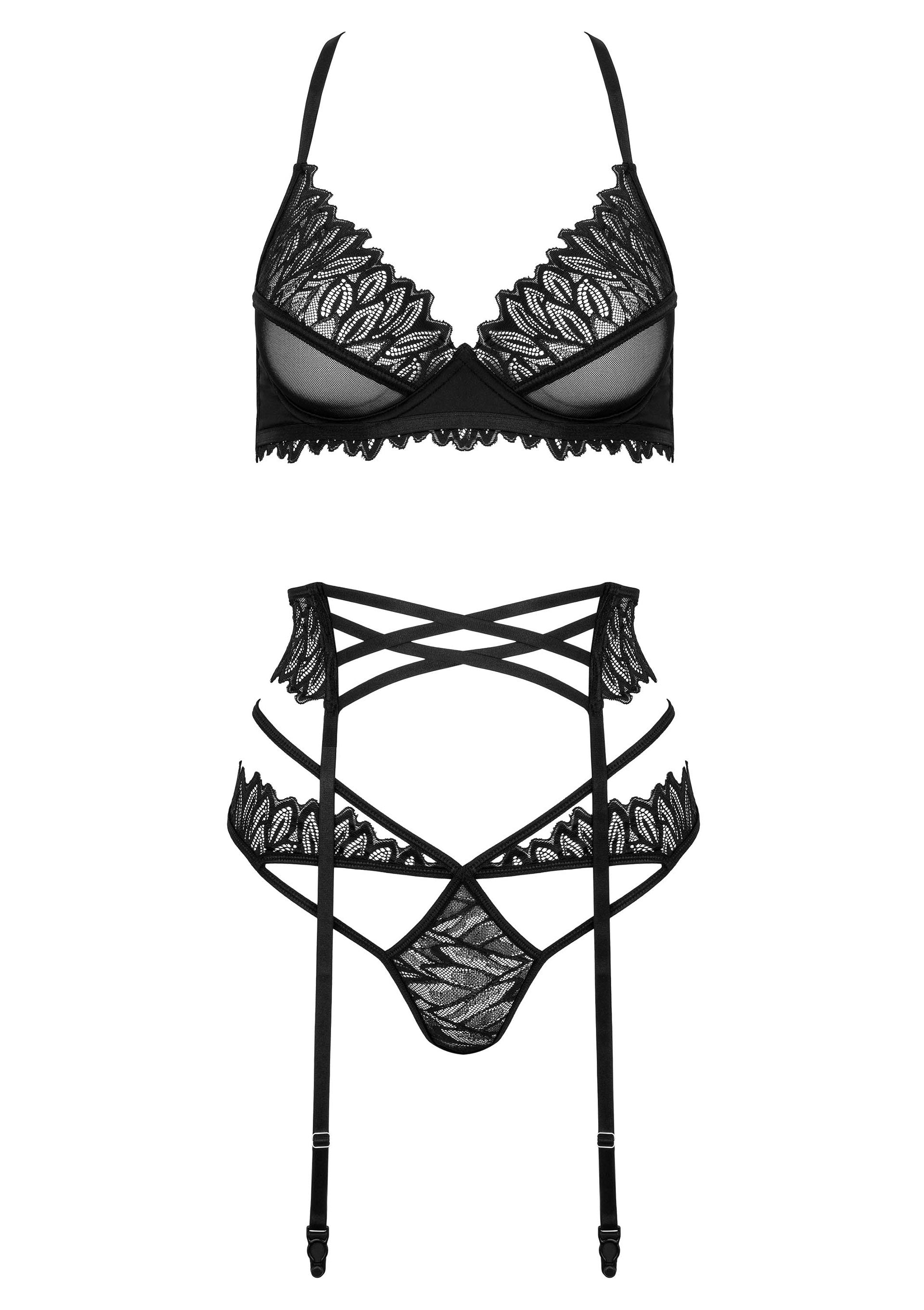 Ensemble de lingerie noir en dentelle comprenant un soutien-gorge et un porte-jarretelles.; Zwarte lingerie set met kanten details bestaande uit een bh en jarretelgordel.; Black lace lingerie set, including a bra and garter belt.