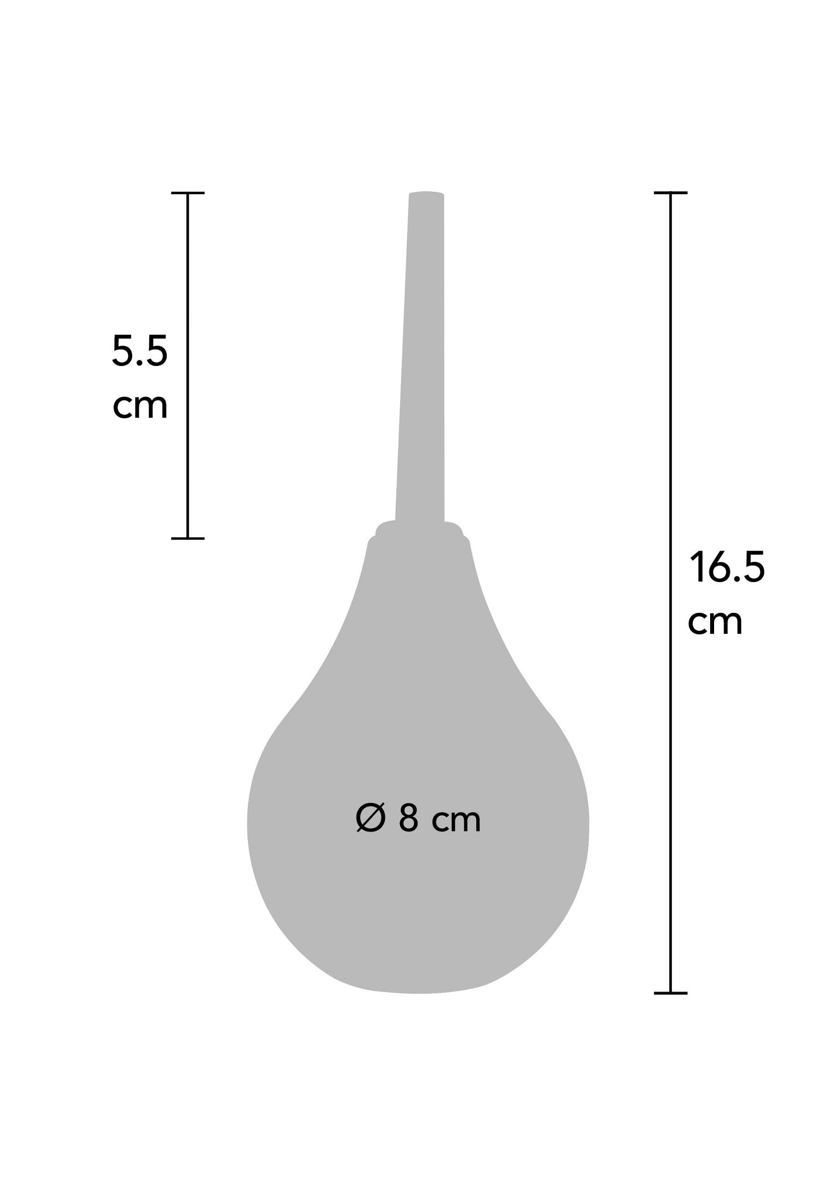 Image de la taille d'une poire à lavement avec ses dimensions (16.5cm de hauteur, embout de 5.5cm et diamètre de 8cm); Afbeelding van de grootte van een klysma peer met zijn afmetingen (16,5 cm hoog, 5,5 cm mondstuk en 8 cm diameter); Image of the size of an enema bulb with its dimensions (16.5cm high, 5.5cm nozzle and 8cm diameter)