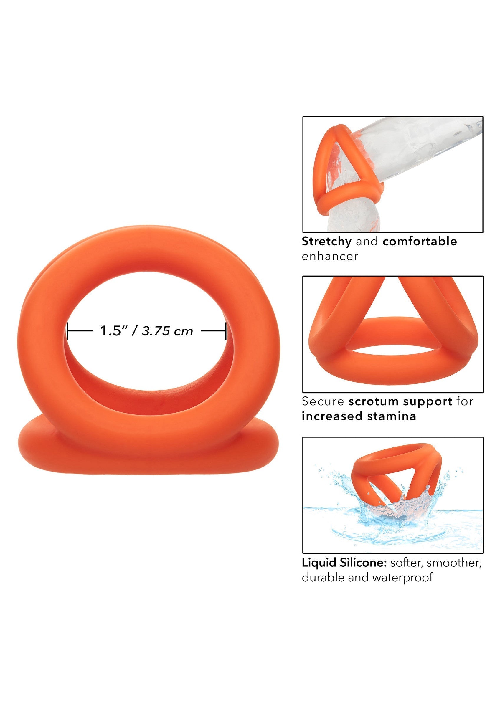 Anneau pénien en silicone orange. Souple, confortable et waterproof. Soutien scrotum pour plus d'endurance.; Oranje siliconen penisring. Flexibel, comfortabel en waterproof. Ondersteuning scrotum voor meer uithoudingsvermogen.; Orange silicone cock ring. Stretchy, comfortable and waterproof. Scrotum support for increased stamina.