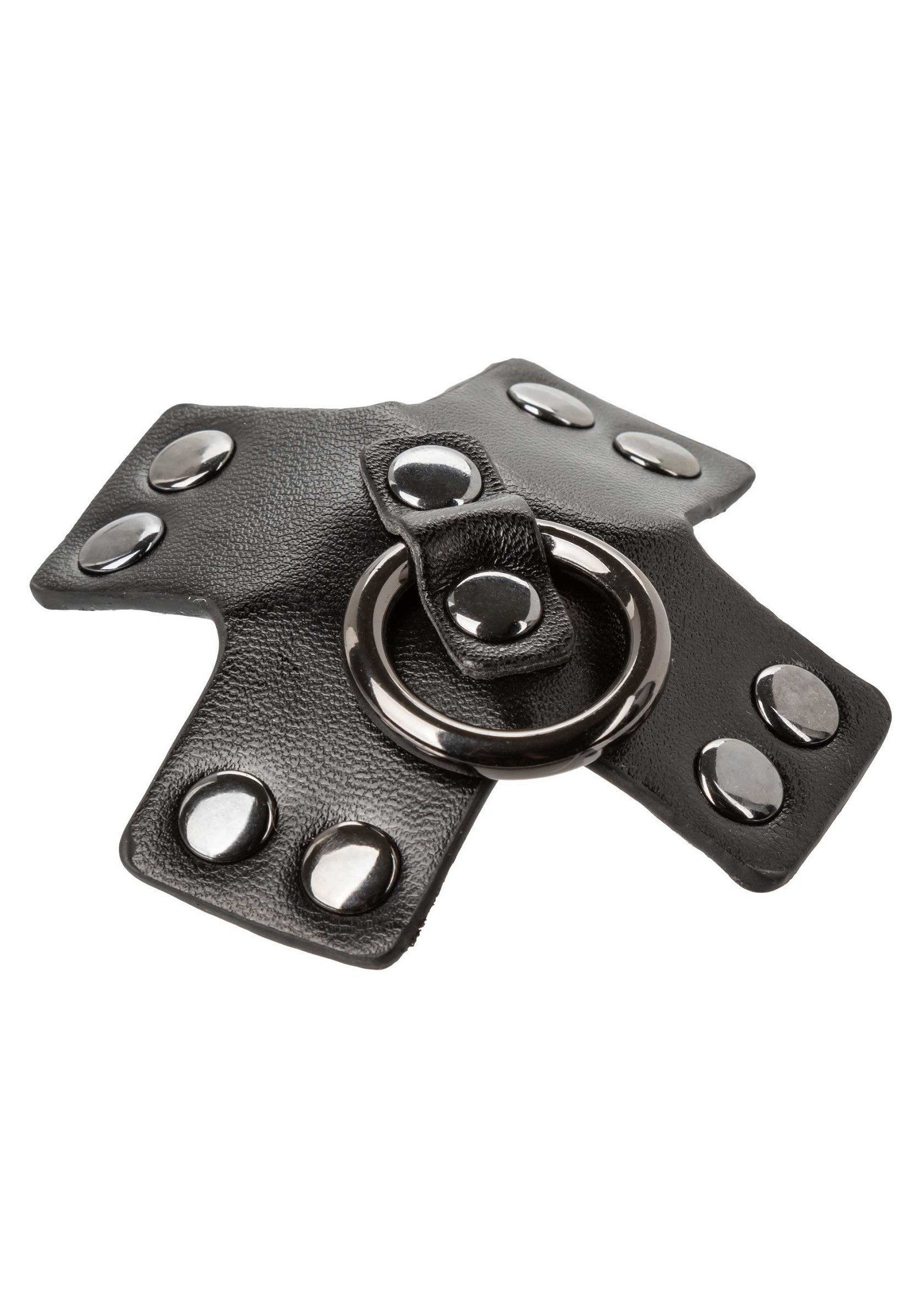 Accessoire en cuir noir clouté avec anneau métallique.; Zwart leren accessoire met studs en metalen ring.; Black studded leather accessory with metal ring.