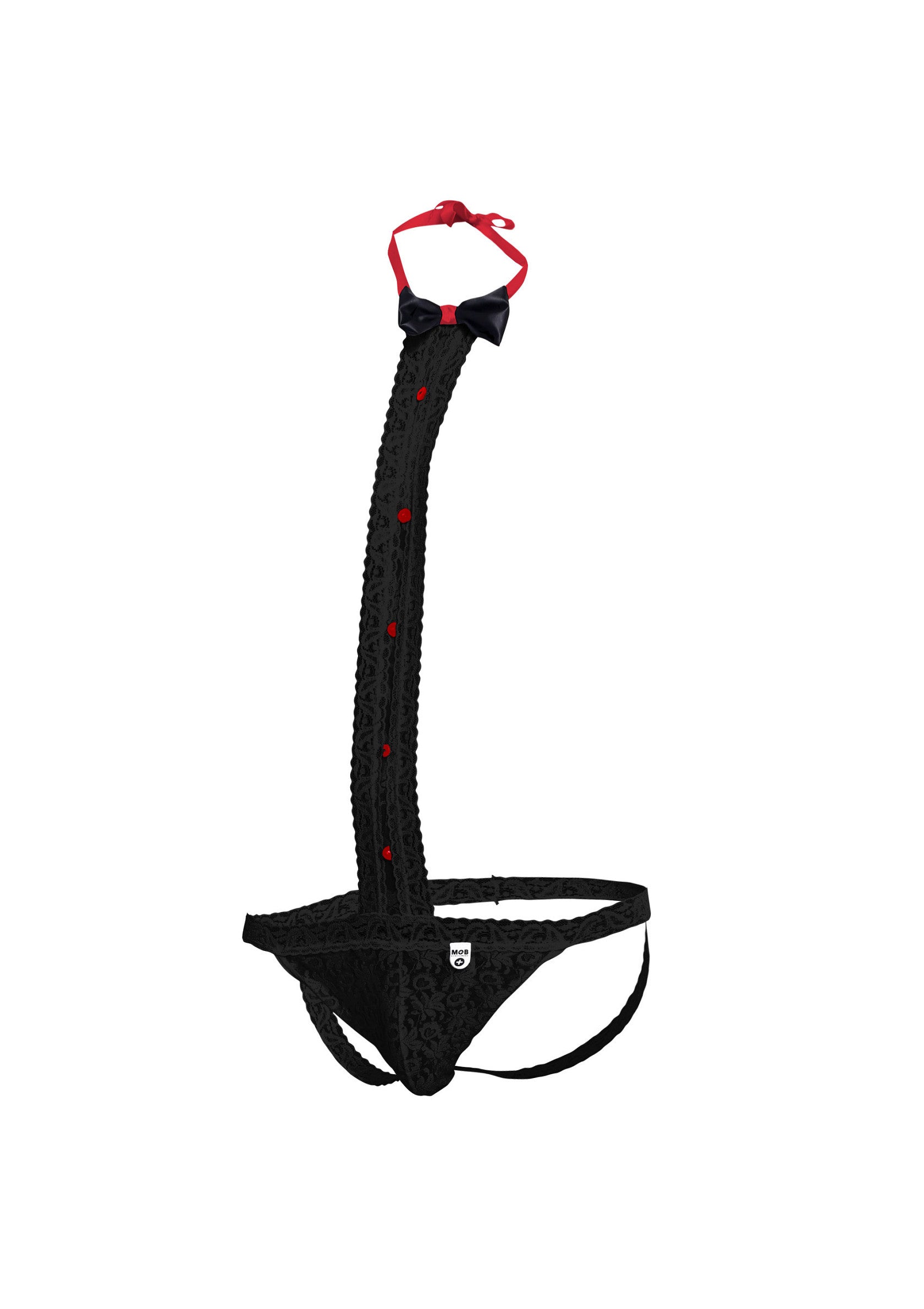 String en dentelle noire avec nœud papillon pour hommes. Sexy et élégant.; Zwarte kanten string voor heren met vlinderdas. Sexy en stijlvol.; Black lace thong with bow tie for men. Sexy and stylish.