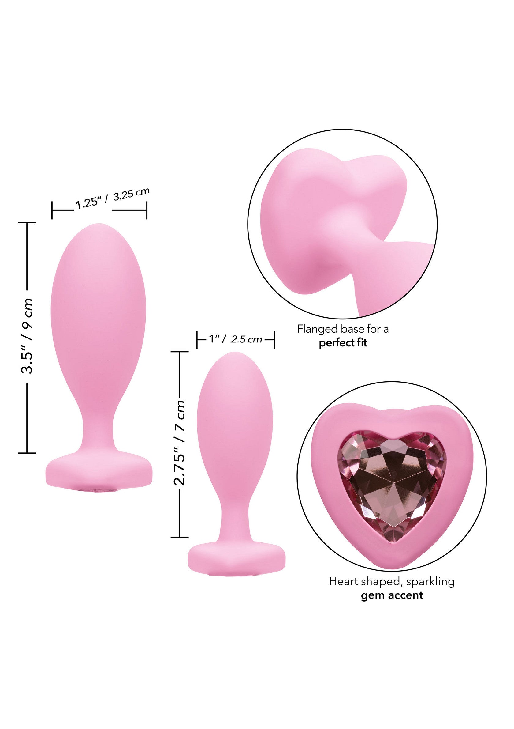 Plug anal rose en silicone avec base à bride et accent de gemme scintillante en forme de cœur.; Roze siliconen buttplug met flensvoet en hartvormig sprankelend edelsteen accent.; Pink silicone butt plug with flanged base and heart-shaped sparkling gem accent.