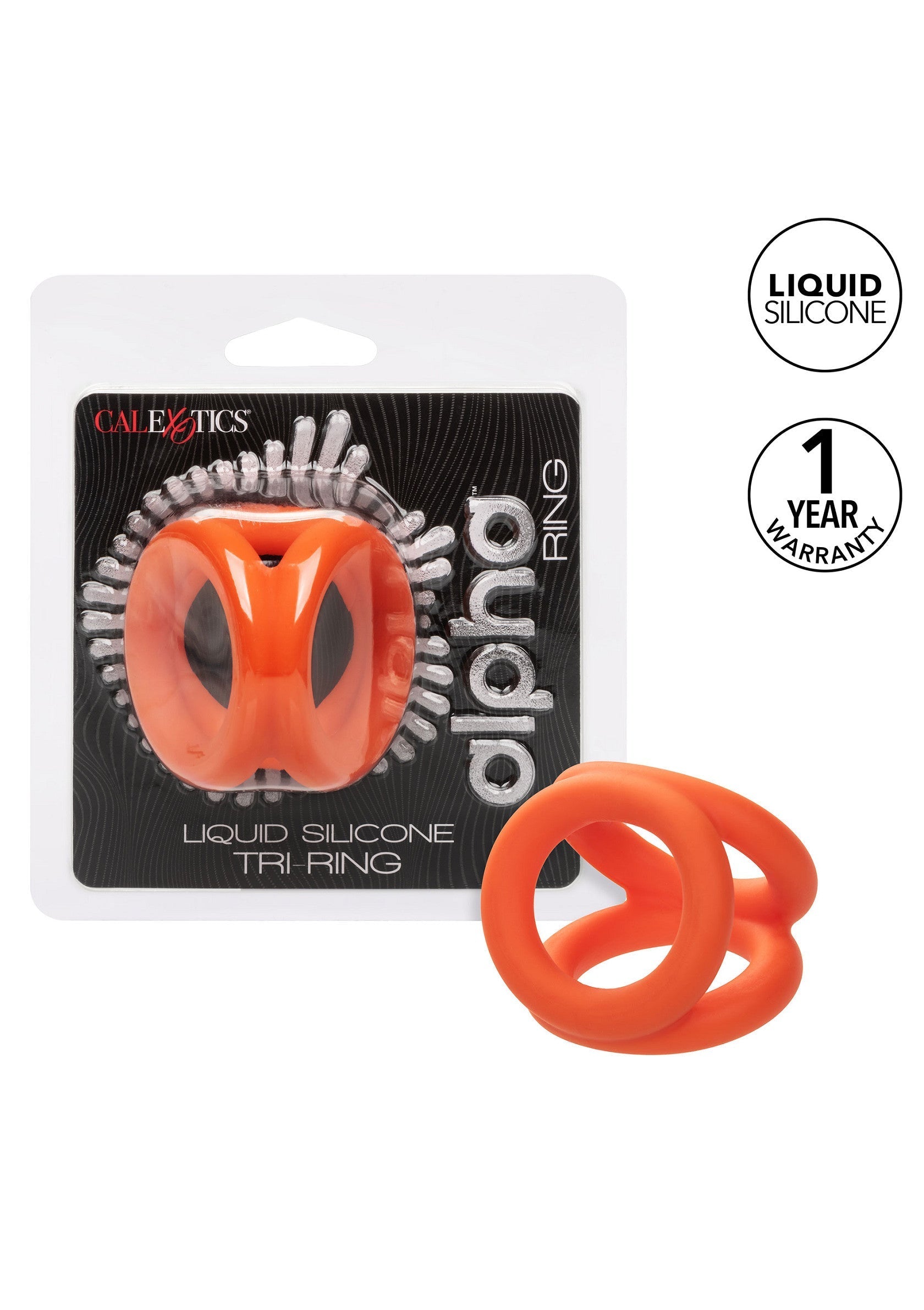Anneau pénien triple Alpha en silicone liquide orange pour hommes.; Alpha penisring triple, oranje, vloeibare siliconen, voor mannen.; Alpha triple cock ring, orange, liquid silicone, for men.