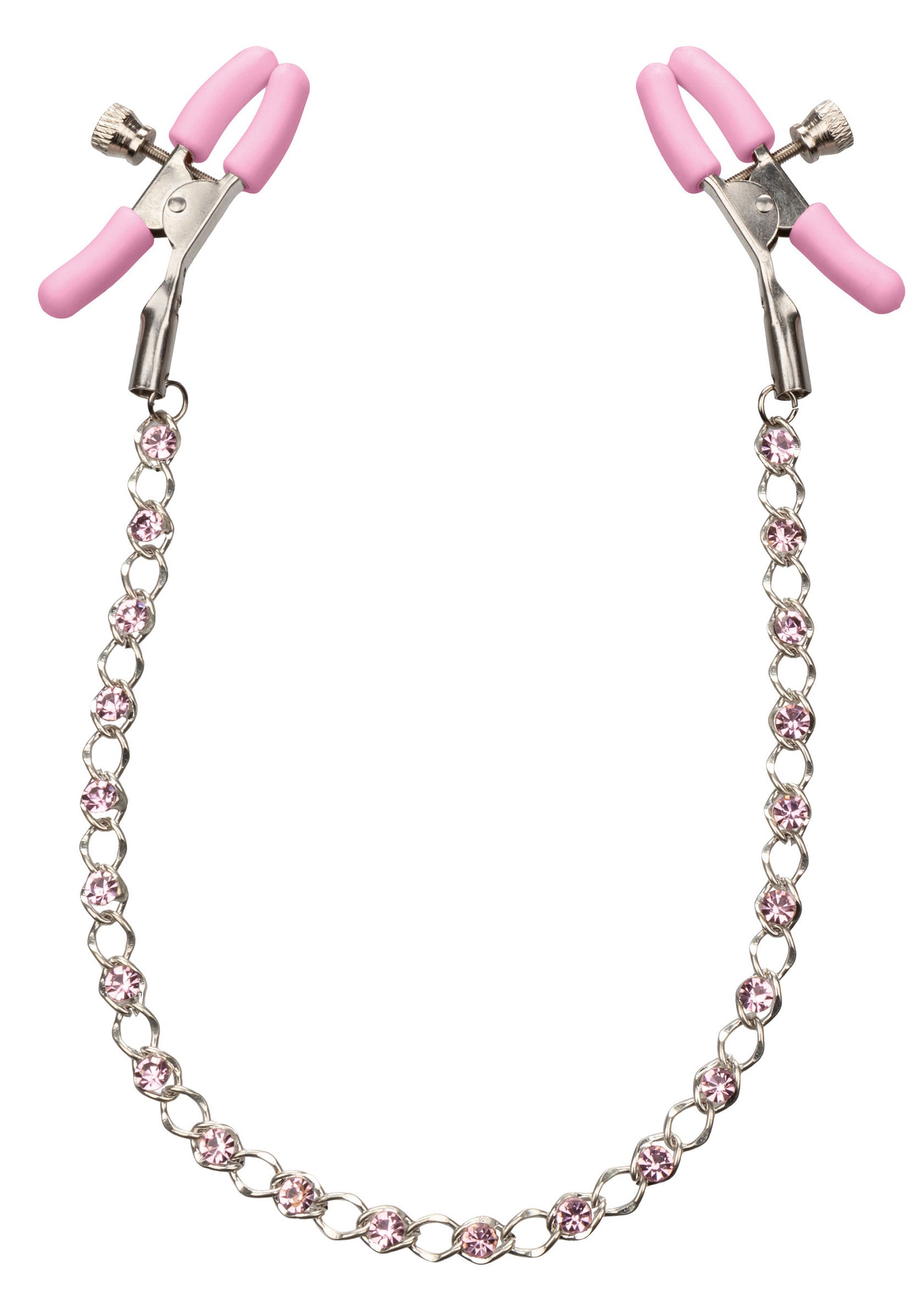 Pinces à tétons roses avec chaîne de bijoux. Accessoire coquin pour pimenter votre vie amoureuse.; Roze tepelklemmen met sieradenketting. Stout accessoire om je liefdesleven op te fleuren.; Pink nipple clamps with jewelry chain. Naughty accessory to spice up your love life.