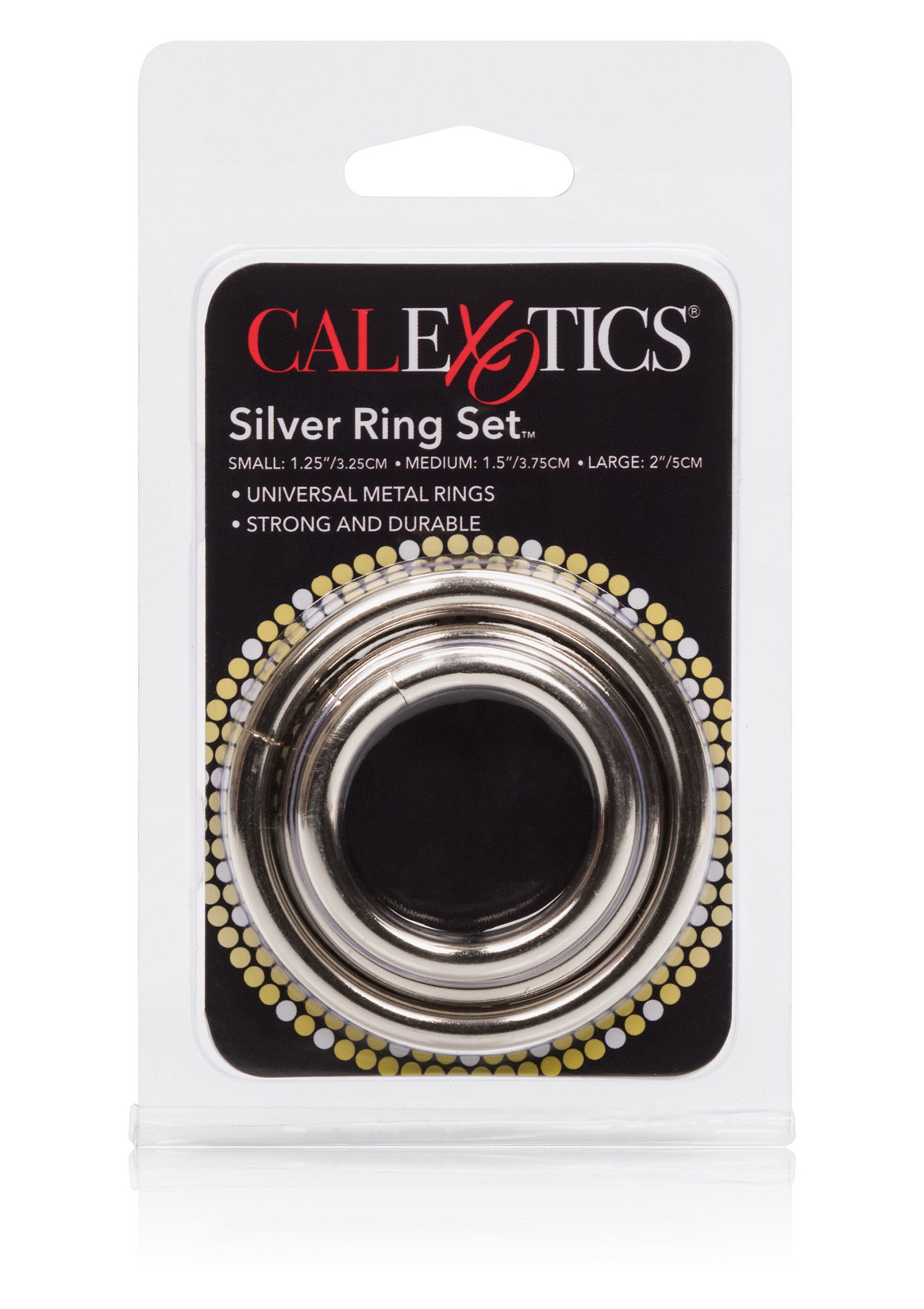Anneaux métalliques CalExotics, jeu de 3 tailles pour un ajustement parfait. Solides et durables.; CalExotics metalen ringen set, 3 maten voor een perfecte pasvorm. Sterk en duurzaam.; CalExotics metal rings set, 3 sizes for a perfect fit. Strong and durable.