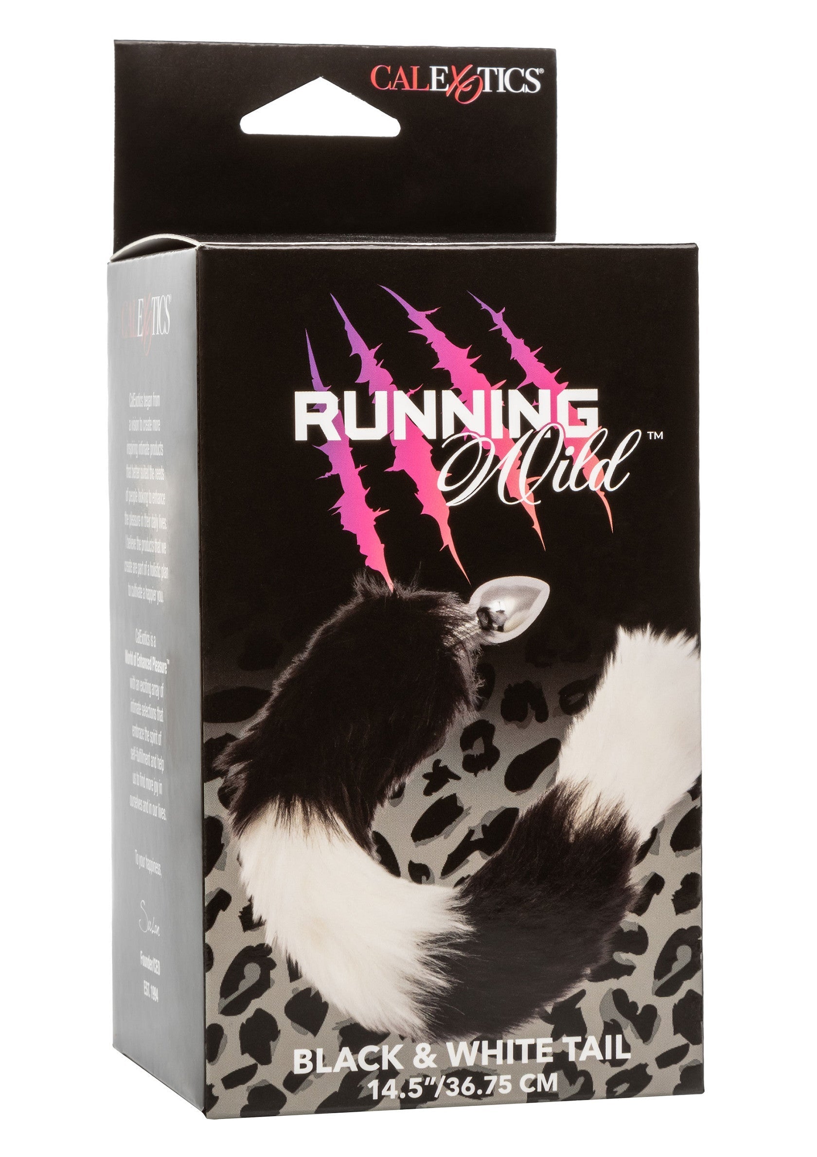 Queue noire et blanche 'Running Wild' CalExotics. Queue de jeu de rôle. 14.5"/36.75 cm; CalExotics 'Running Wild' Zwart-Witte Staart. Rollenspel staart. 14.5"/36.75 cm; CalExotics 'Running Wild' Black & White Tail. Roleplay tail. 14.5"/36.75 cm