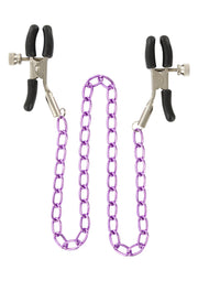 Pinces à tétons en métal avec chaîne violette. Accessoires coquins pour adultes.; Metalen tepelklemmen met paarse ketting. Volwassen speeltjes.; Metal nipple clamps with purple chain. Adult novelty toys.