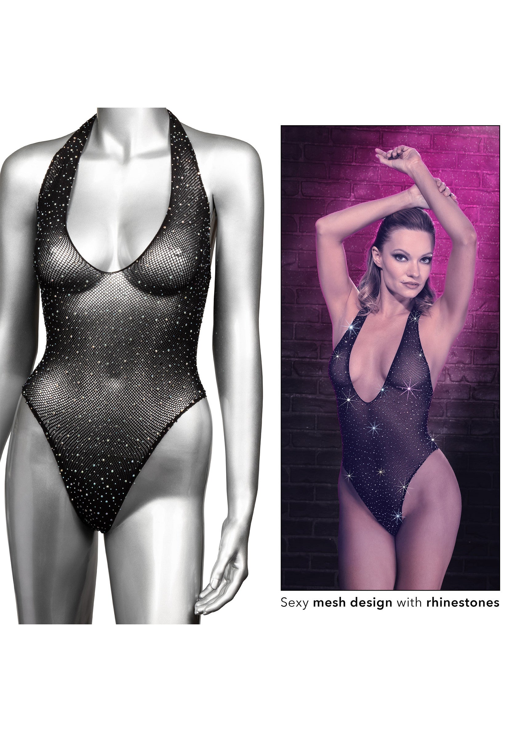 Body en maille sexy orné de strass. Idéal pour une allure glamour et audacieuse.; Sexy mesh bodysuit met strass steentjes. Perfect voor een glamoureuze en gedurfde look.; Sexy mesh bodysuit with rhinestones. Perfect for a glamorous and daring look.