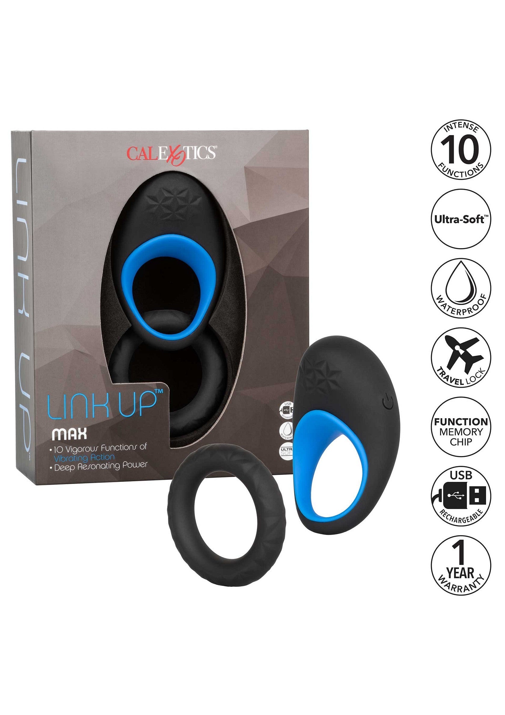 CalExotics Link Up Max : anneau vibrant pour homme avec 10 fonctions, rechargeable USB et étanche. Pour des sensations intenses !; CalExotics Link Up Max: vibrerende penisring met 10 functies, USB oplaadbaar en waterdicht. Voor intense sensaties!; CalExotics Link Up Max: vibrating cock ring with 10 functions, USB rechargeable and waterproof. For intense sensations!