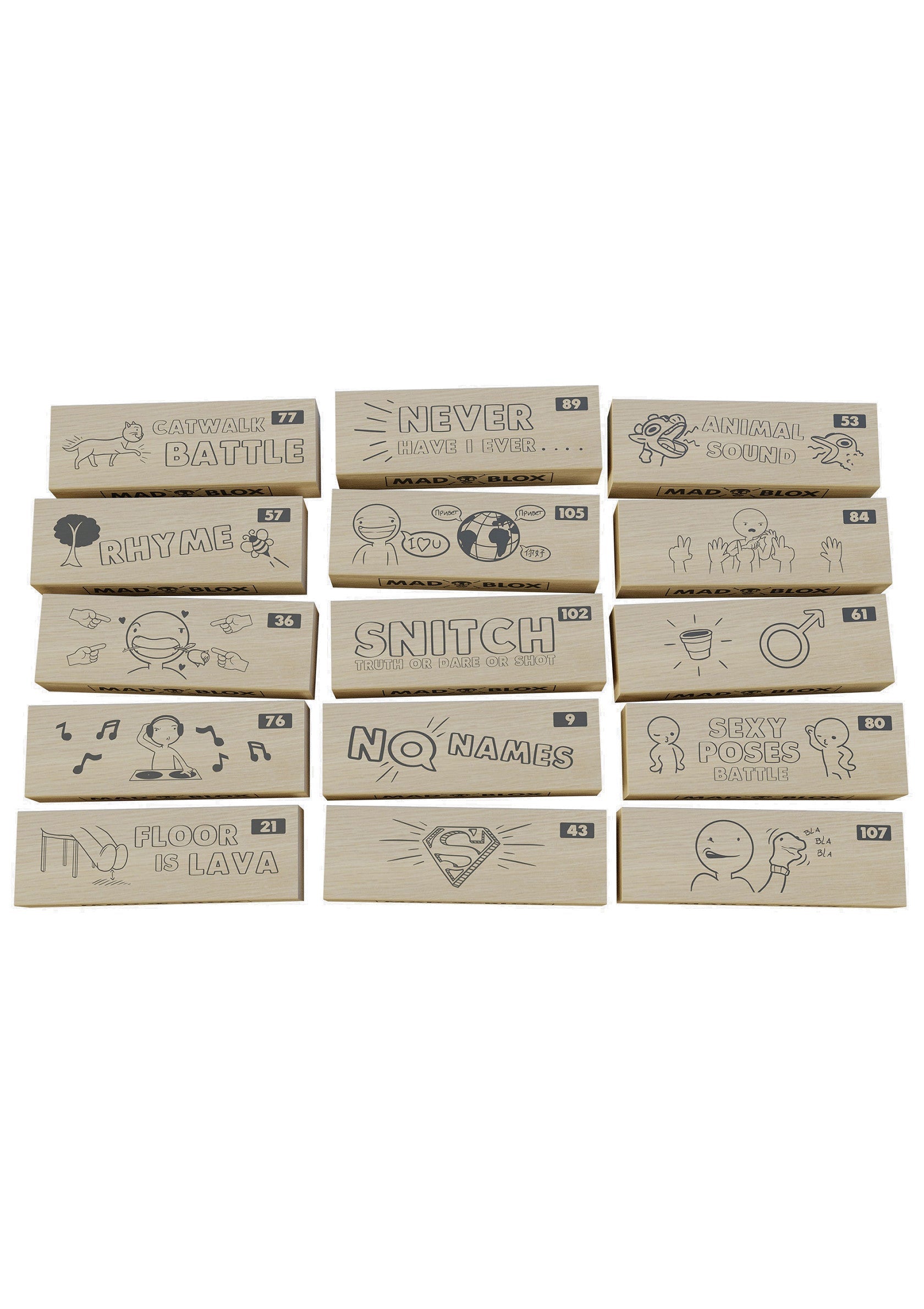 Jeu de blocs en bois avec défis dessinés. Idéal pour des soirées amusantes en famille ou entre amis.; Houten blokkenspel met getekende uitdagingen. Perfect voor leuke avonden met familie of vrienden.; Wooden block game with drawn challenges. Great for fun evenings with family or friends.