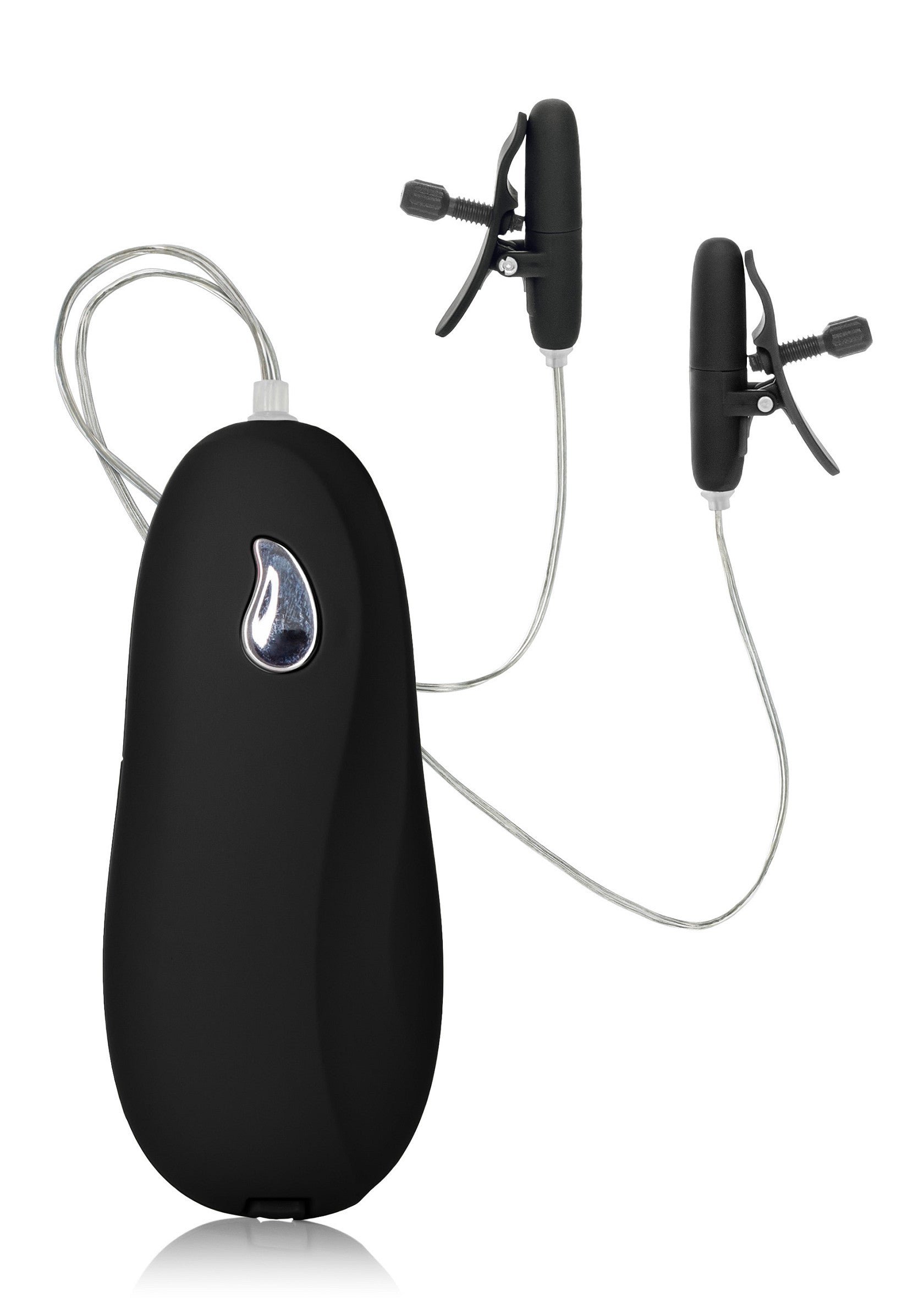 Vibromasseur noir avec pinces pour les tétons. Stimulation intense et variée garantie!; Zwarte vibrator met tepelklemmen. Gegarandeerd intense en gevarieerde stimulatie!; Black vibrator with nipple clamps. Guaranteed intense and varied stimulation!