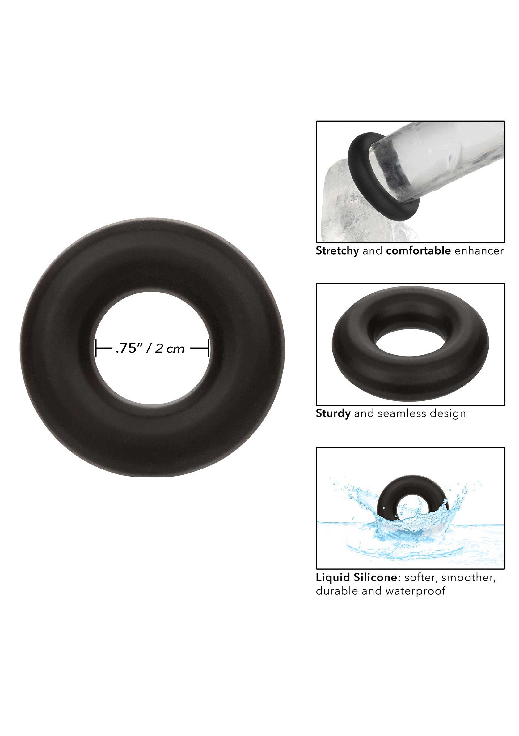 Anneau pénien en silicone liquide noir. Flexible, confortable, durable et étanche. Diamètre de 2 cm.; Zwarte penisring van vloeibare siliconen. Flexibel, comfortabel, duurzaam en waterdicht. Diameter van 2 cm.; Black liquid silicone cock ring. Stretchy, comfortable, durable, and waterproof. 2 cm diameter.
