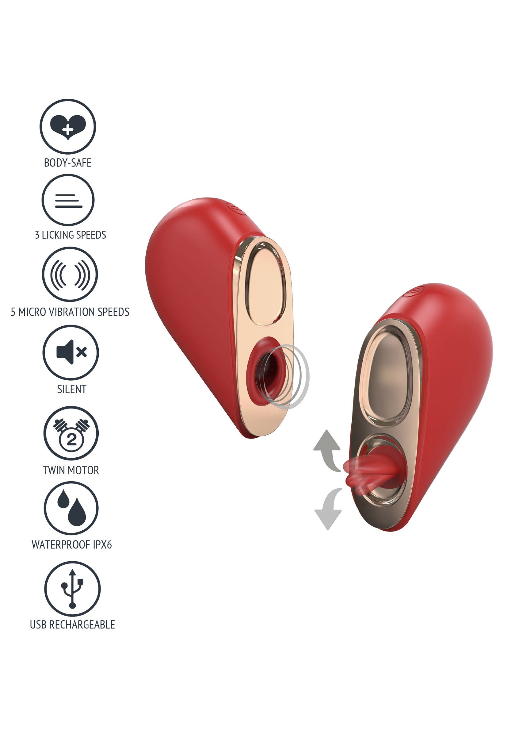 Vibromasseur clitoridien rouge avec plusieurs vitesses et vibrations. Étanche et rechargeable par USB.; Rode clitoris vibrator met meerdere standen en vibraties. Waterdicht en oplaadbaar via USB.; Red clitoral vibrator with multiple speeds and vibrations. Waterproof and USB rechargeable.
