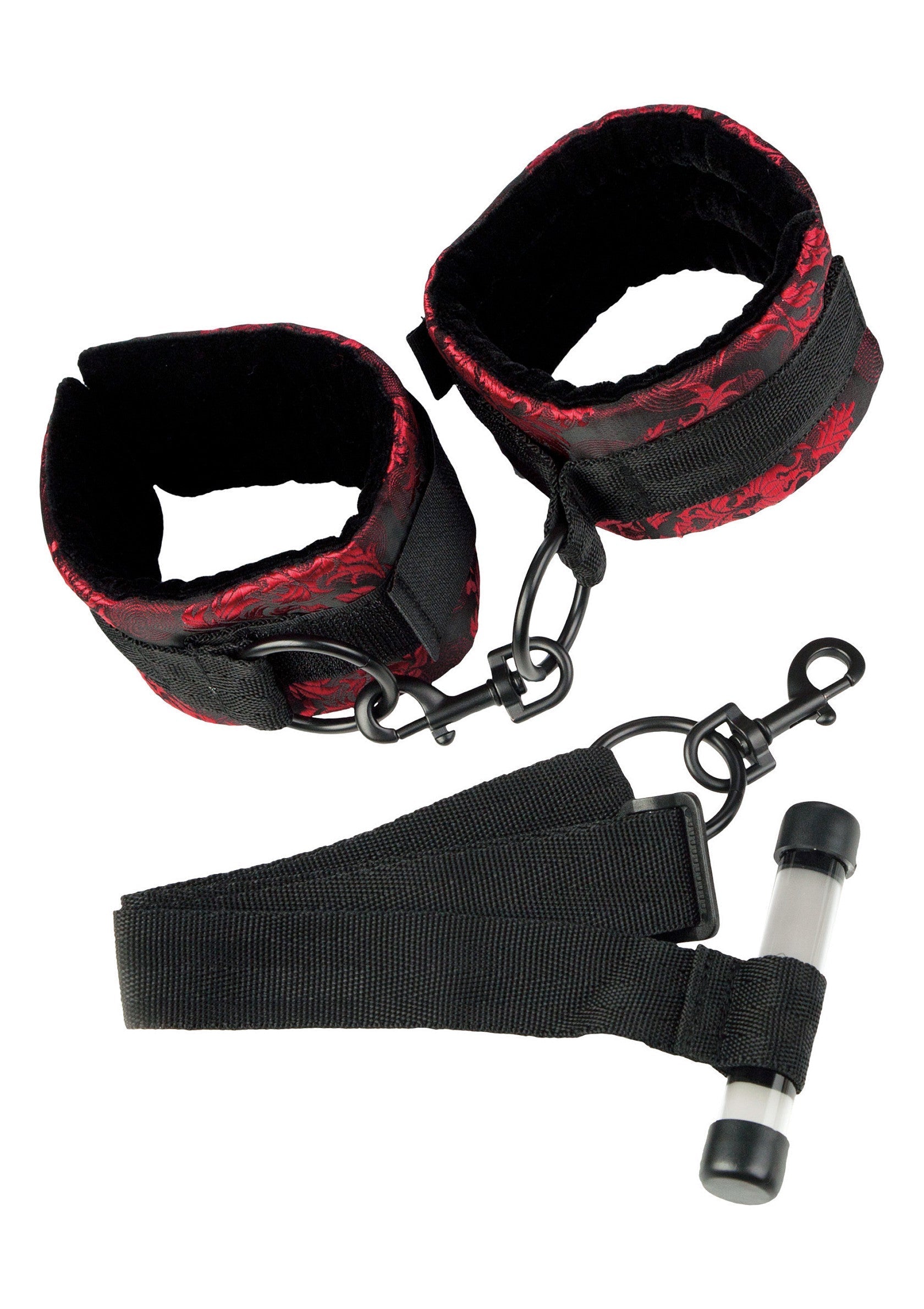 Menottes rembourrées noires et rouges avec sangle pour une utilisation dans des contextes de BDSM ou de jeux de rôle pour adultes.; Gevoerde handboeien in zwart en rood met riem voor gebruik in BDSM of rollenspelcontexten voor volwassenen.; Padded black and red handcuffs with strap for use in BDSM or adult roleplay contexts.