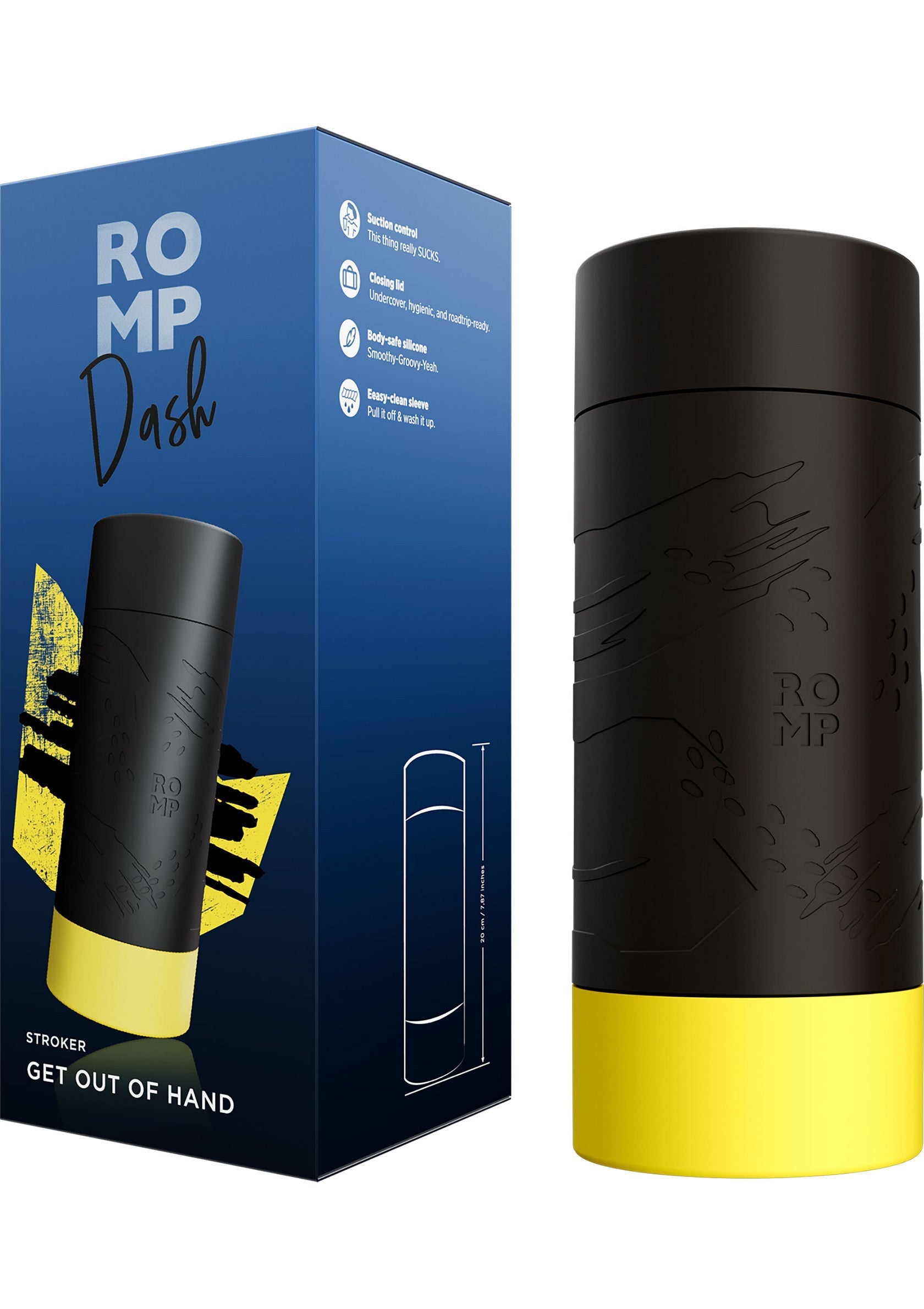 ROMp Dash, masturbateur masculin. Silicone douce, nettoyage facile. Sortez-le de vos mains!; ROMp Dash, mannelijke masturbator. Zachte siliconen, makkelijk schoon te maken. Haal hem uit je handen!; ROMp Dash, male masturbator. Soft silicone, easy clean. Get out of hand!