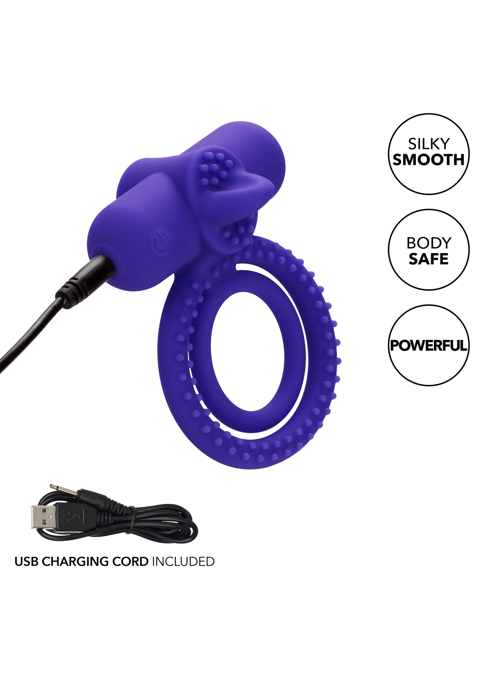 Anneau vibrant rechargeable violet pour une expérience intense et sécurisée.; Oplaadbare vibrerende ring in paars voor een intense en veilige ervaring.; Rechargeable purple vibrating cock ring for an intense and safe experience.