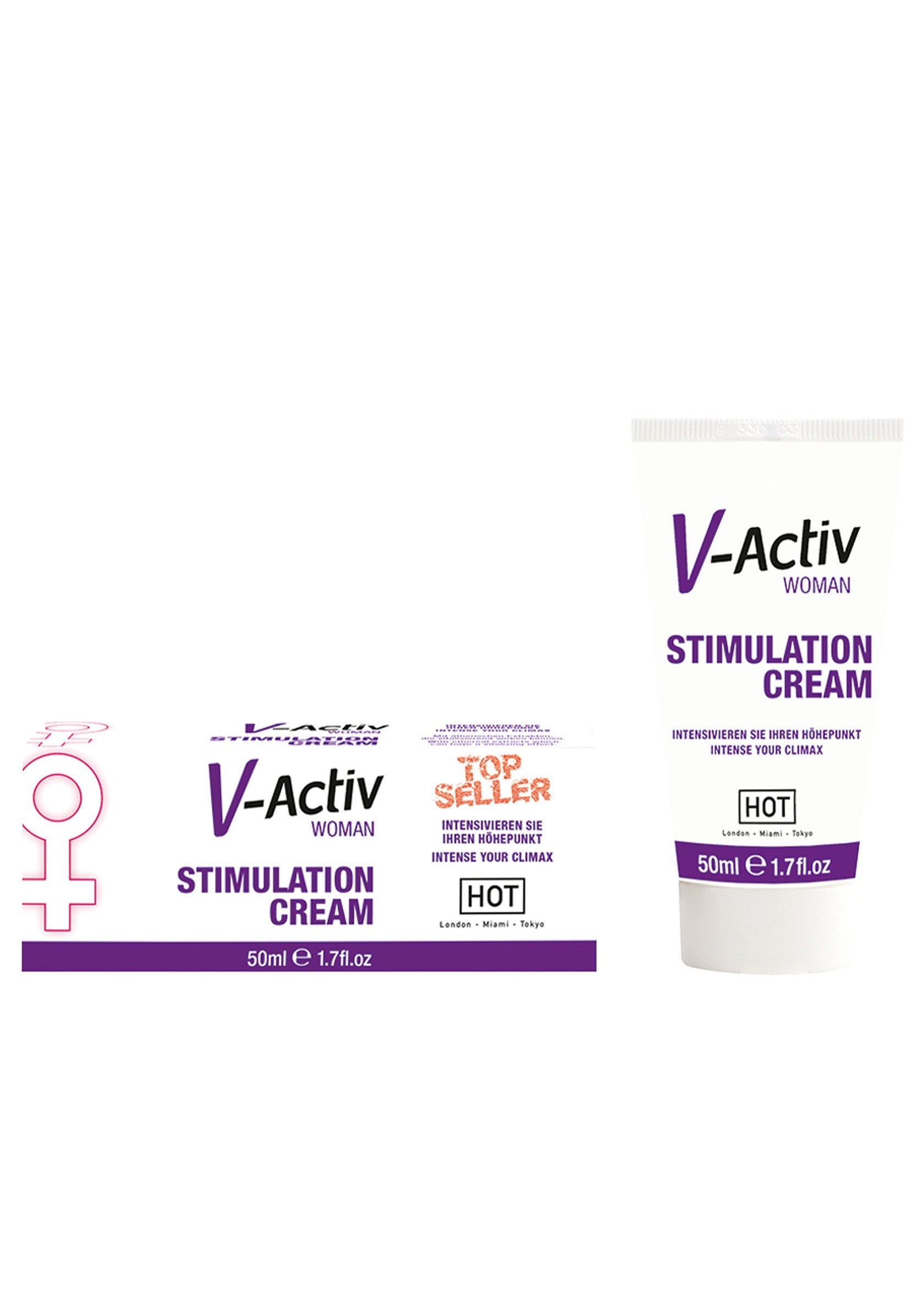 Crème de stimulation V-Activ Woman pour intensifier le plaisir féminin. Format voyage et tube de 50ml.; V-Activ Woman stimulerende crème om het vrouwelijk genot te intensiveren. Reisformaat en tube van 50ml.; V-Activ Woman stimulation cream to intensify female pleasure. Travel size and 50ml tube.