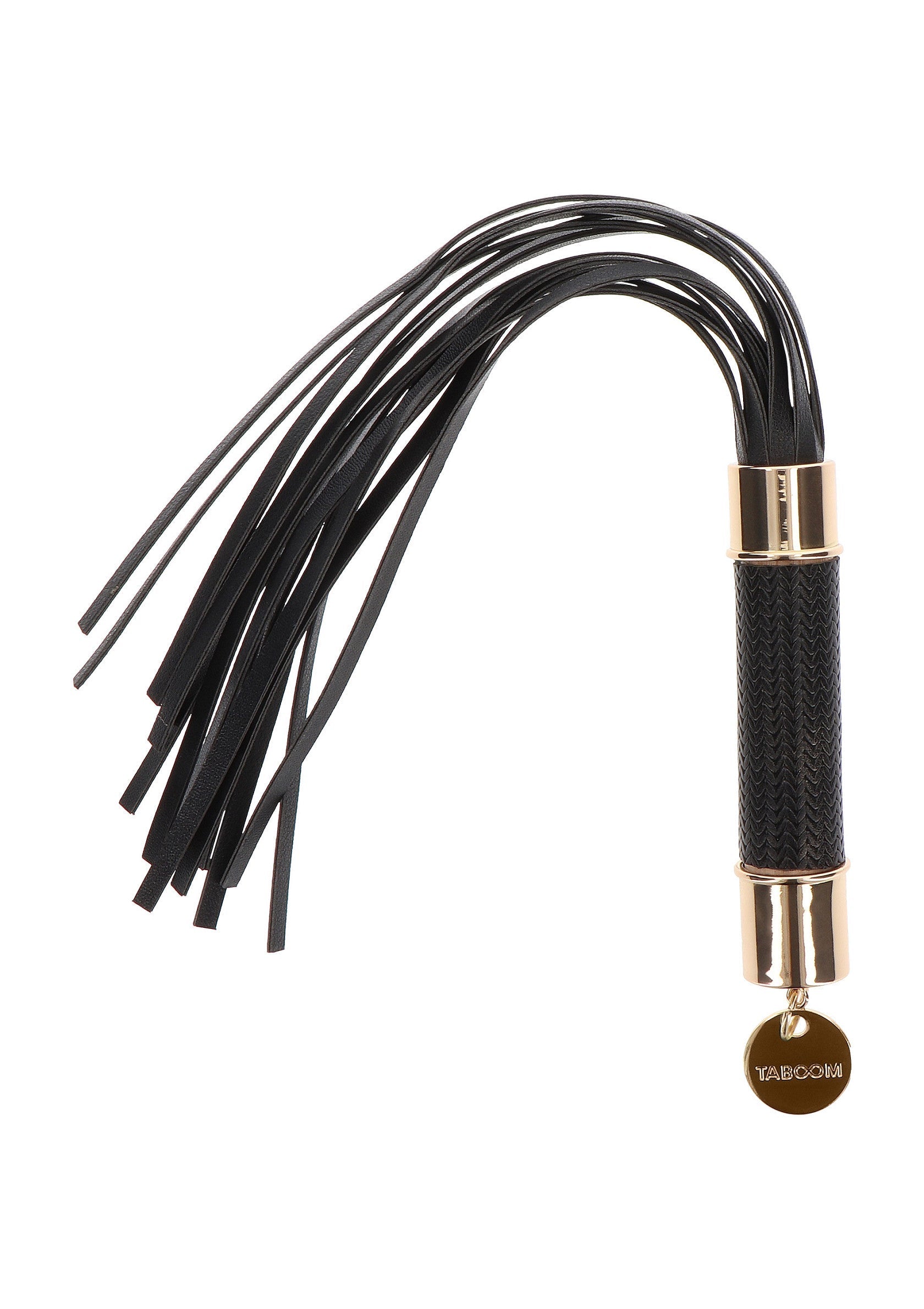 Cravache Taboon noire élégante avec manche texturé et détails dorés. Idéal pour le plaisir et le jeu de rôle.; Elegante zwarte Taboon zweep met gestructureerd handvat en gouden details. Ideaal voor plezier en rollenspel.; Elegant black Taboon flogger with textured handle and gold details. Ideal for pleasure and role-playing.