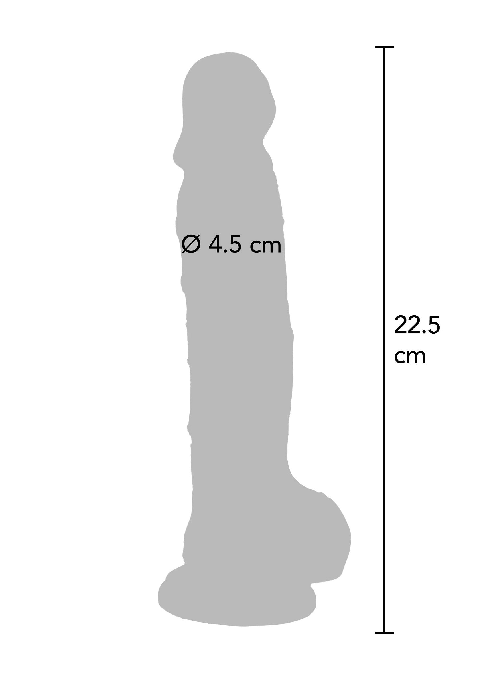 Gode avec dimensions affichées : 22,5 cm de long et 4,5 cm de diamètre.; Dildo met afmetingen: 22,5 cm lang en 4,5 cm diameter.; Dildo with dimensions shown: 22.5 cm long and 4.5 cm diameter.