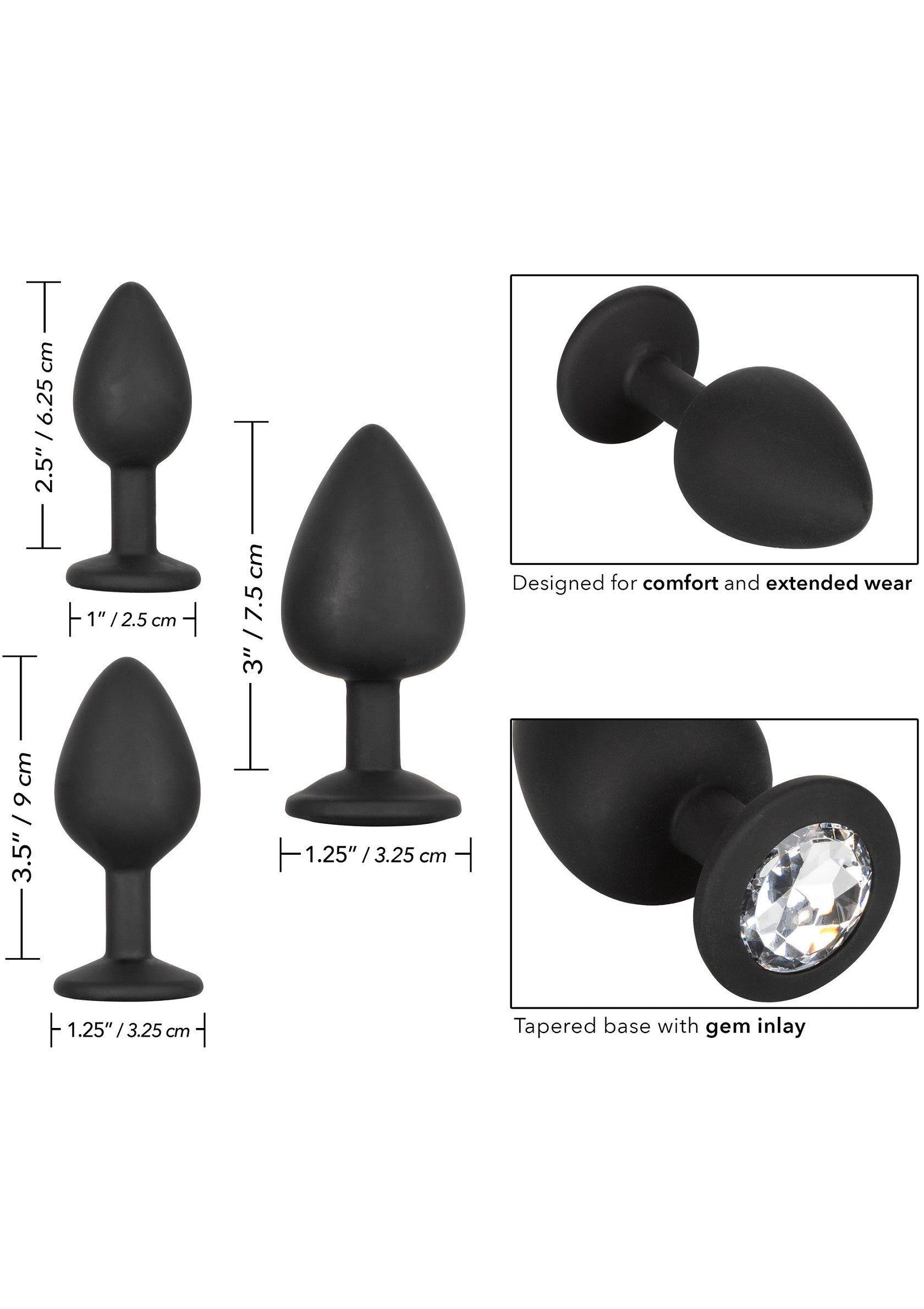 Ensemble de plugs anaux noirs de différentes tailles, avec base effilée et incrustation de gemme.; Zwarte buttplug set in verschillende maten, met taps toelopende basis en edelsteen inleg.; Black butt plug set in varying sizes, featuring tapered base and gem inlay.