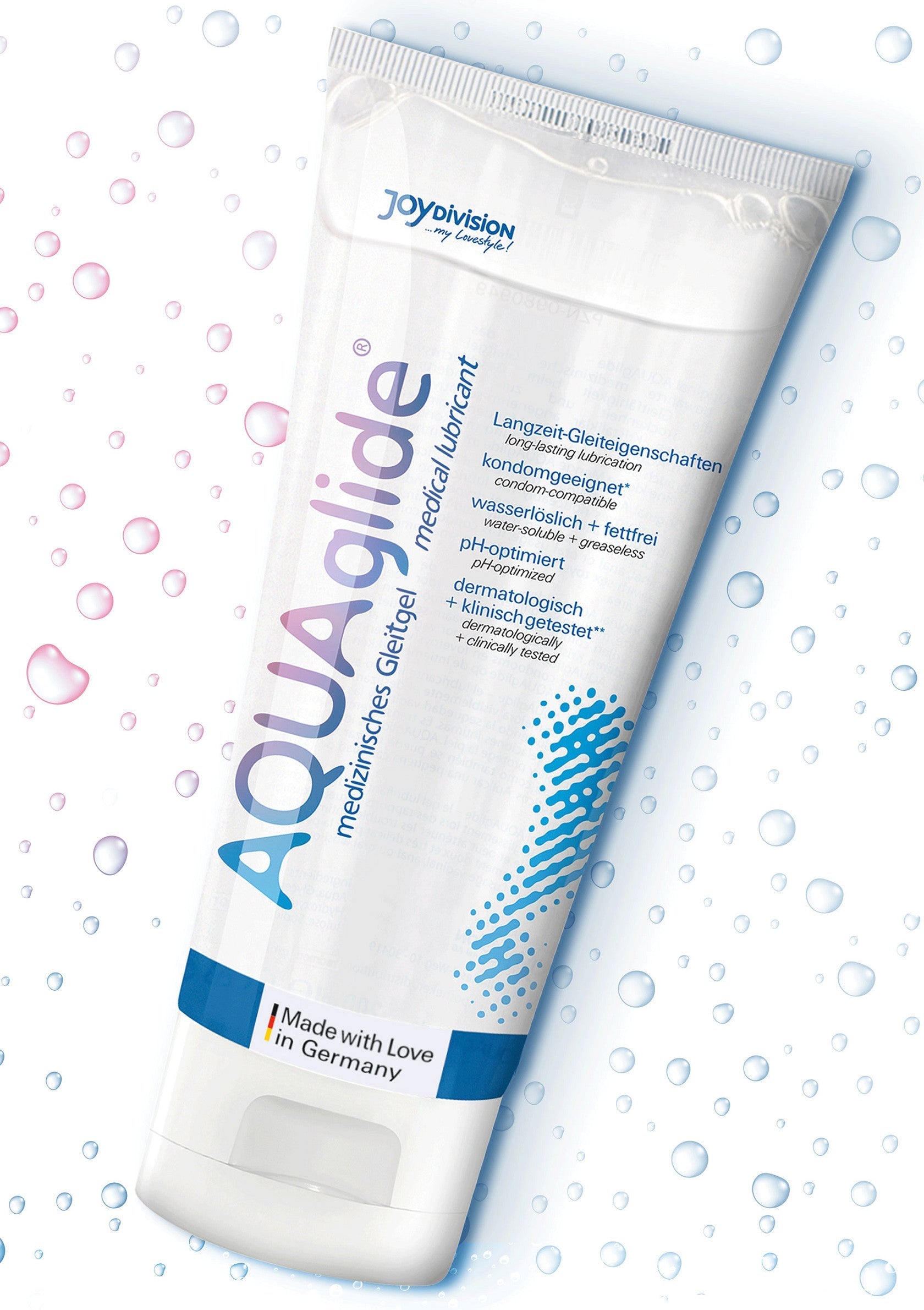 Lubrifiant médical AQUAglide pour le plaisir. Compatible avec les préservatifs. Fabriqué en Allemagne avec amour.; AQUAglide medische glijmiddel voor plezier. Condoom compatibel. Gemaakt in Duitsland met liefde.; AQUAglide medical lubricant for pleasure. Condom compatible. Made with Love in Germany.