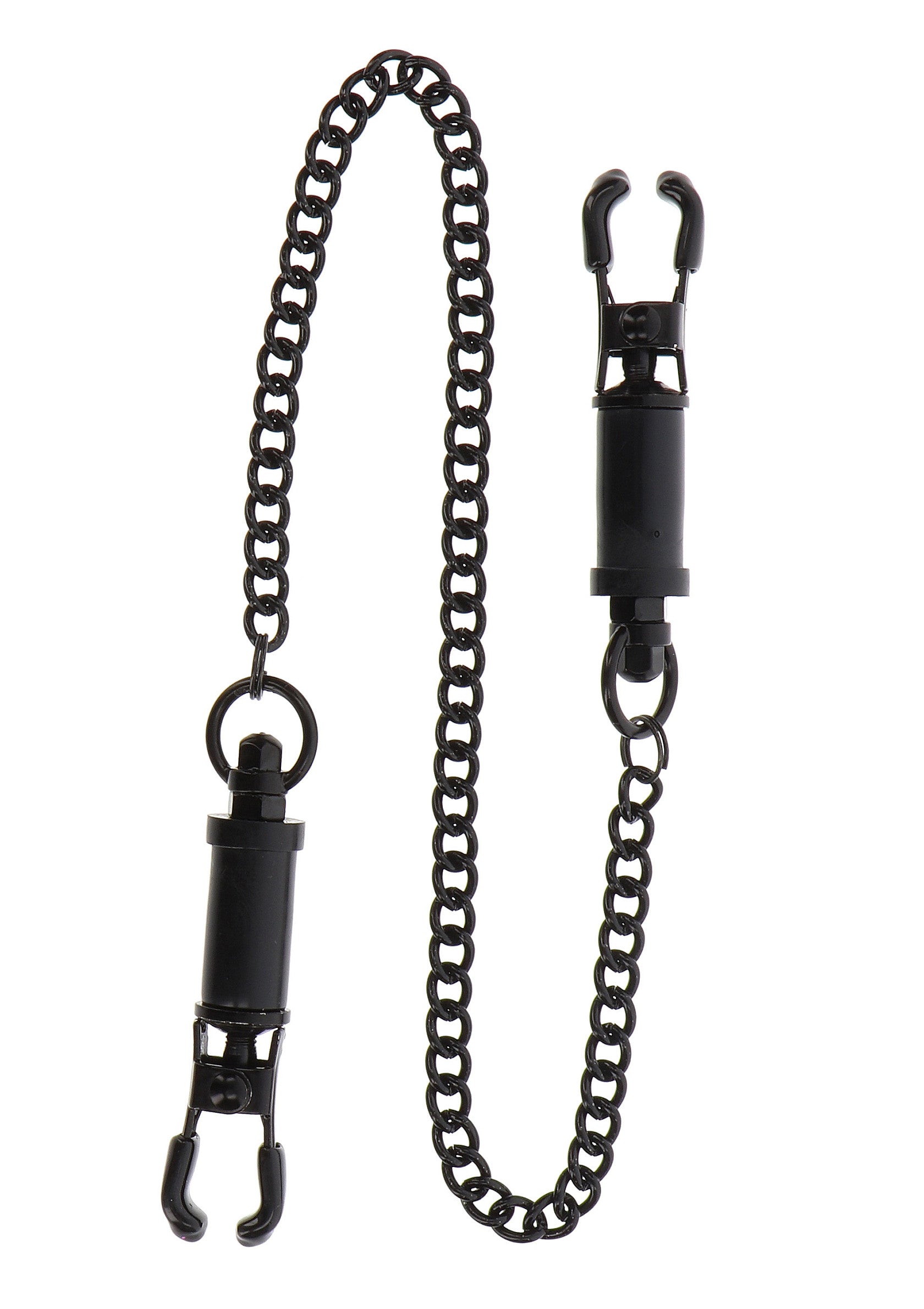 Pinces à tétons noires avec chaîne. Accessoire coquin pour pimenter votre vie amoureuse.; Zwarte tepelklemmen met ketting. Pikant accessoire om je liefdesleven op te fleuren.; Black nipple clamps with chain. Kinky accessory to spice up your love life.
