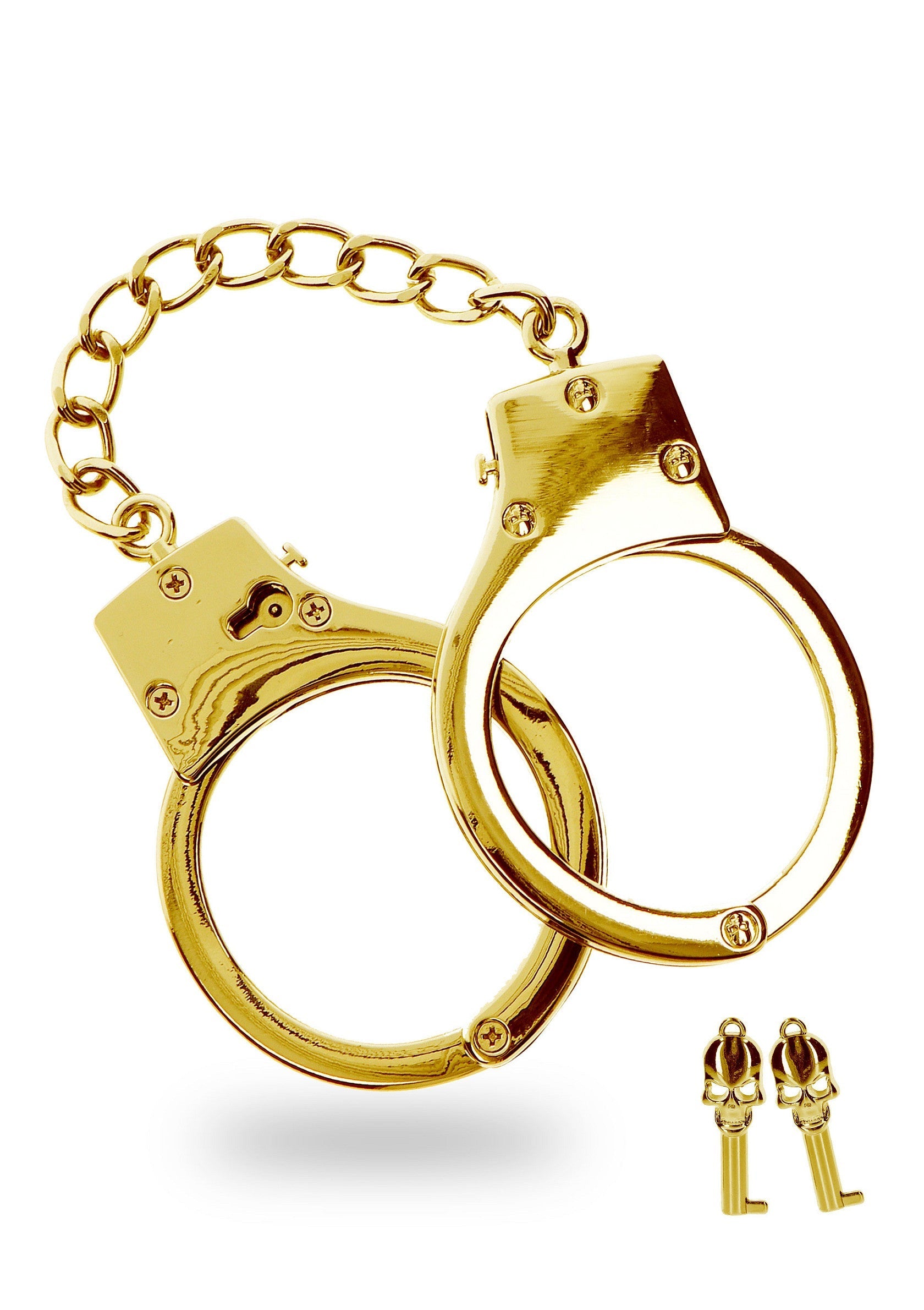 Menottes dorées avec clés, parfaites pour des jeux de rôle coquins.; Gouden handboeien met sleutels, perfect voor ondeugende rollenspellen.; Gold handcuffs with keys, perfect for kinky roleplay games.