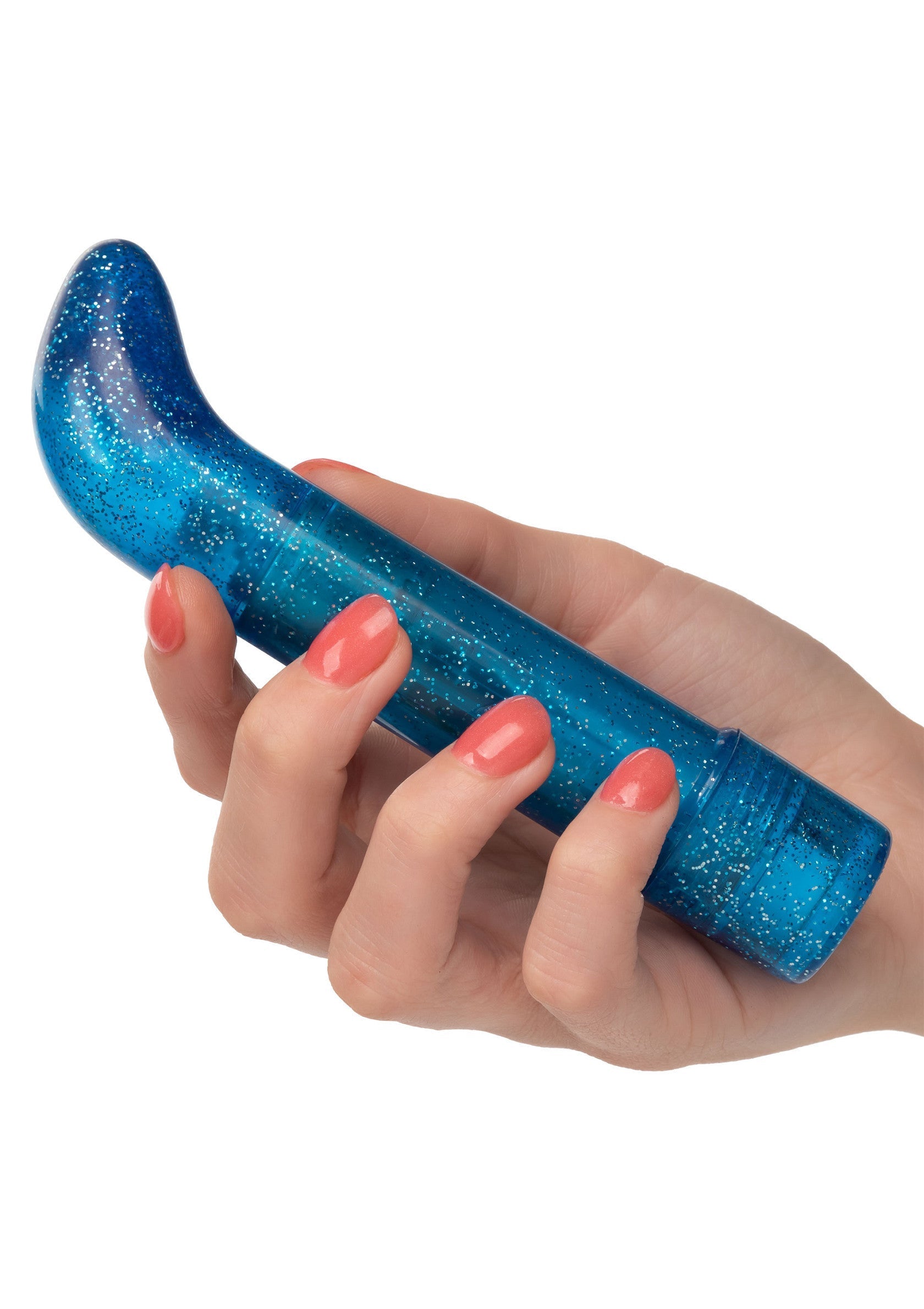 Vibromasseur incurvé bleu pailleté pour le plaisir personnel. Compact et facile à utiliser, pour des moments intimes.; Glitterende blauwe gebogen vibrator voor persoonlijk plezier. Compact en gebruiksvriendelijk, voor intieme momenten.; Glittery blue curved vibrator for personal pleasure. Compact and easy to use, for intimate moments.