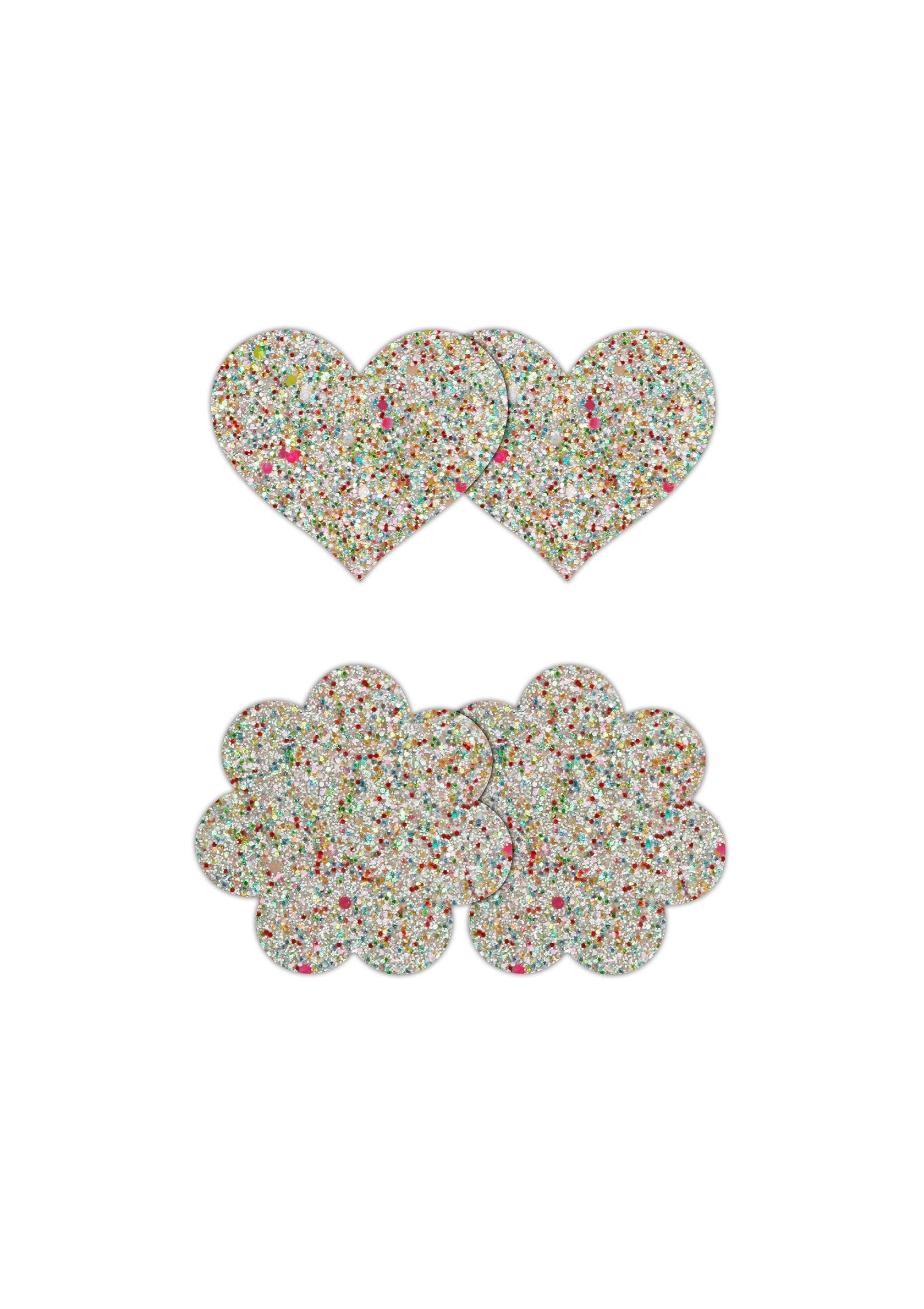 Cache-tétons fantaisie motifs coeur et fleur à paillettes multicolores; Nipple covers met hart- en bloemmotieven in veelkleurige pailletten; Novelty heart & flower pattern glittery multicoloured nipple covers