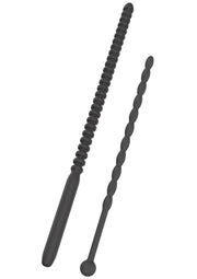 Ensemble de deux sondes anales texturées noires pour le plaisir et la stimulation.; Set van twee zwarte, gestructureerde anale sondes voor plezier en stimulatie.; Set of two black textured anal probes for pleasure and stimulation.