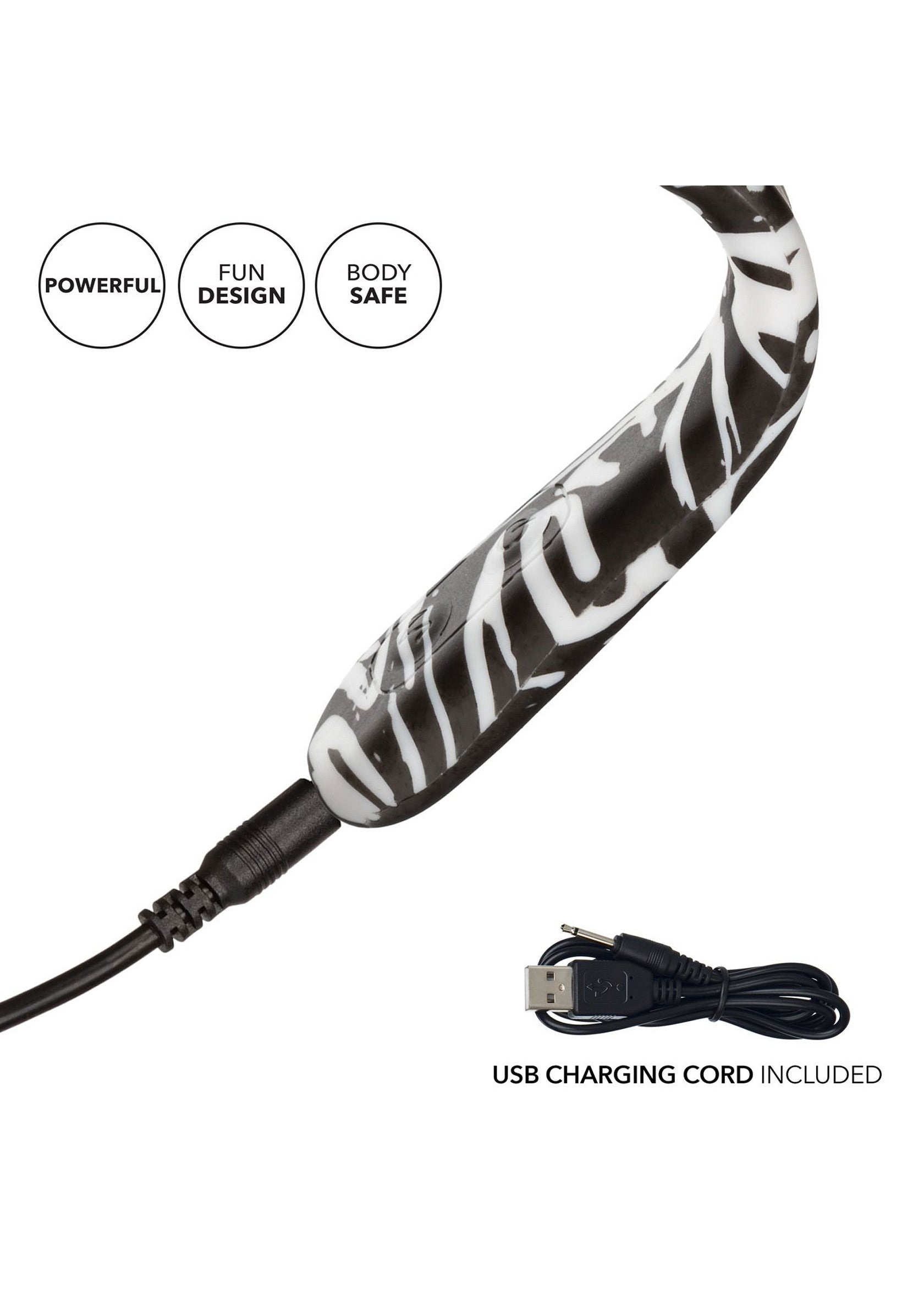 Masseur vibrant avec motif zèbre et câble de chargement USB. Puissant et sûr.; Vibrerende stimulator met zebraprint en USB-oplaadkabel. Krachtig en veilig.; Vibrating massager with zebra print and USB charging cord. Powerful and body-safe.