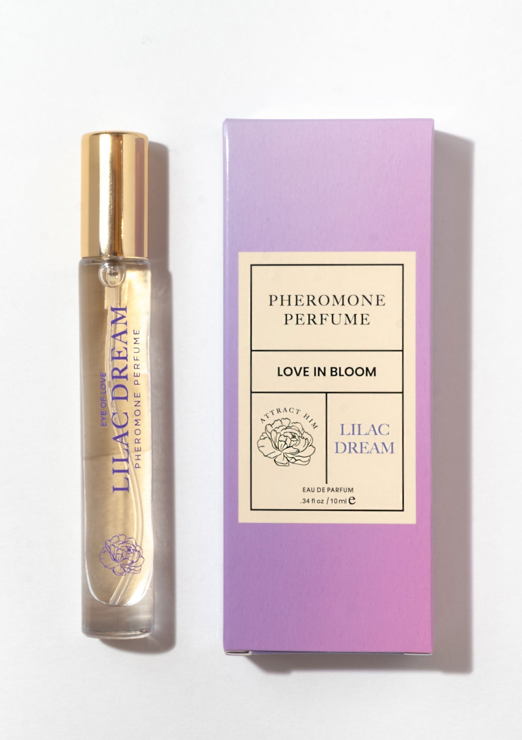 Parfum aux phéromones Lilac Dream, flacon et emballage violet. ; Lilac Dream feromoon parfum, paars flesje en verpakking.; Lilac Dream pheromone perfume, purple bottle and packaging.