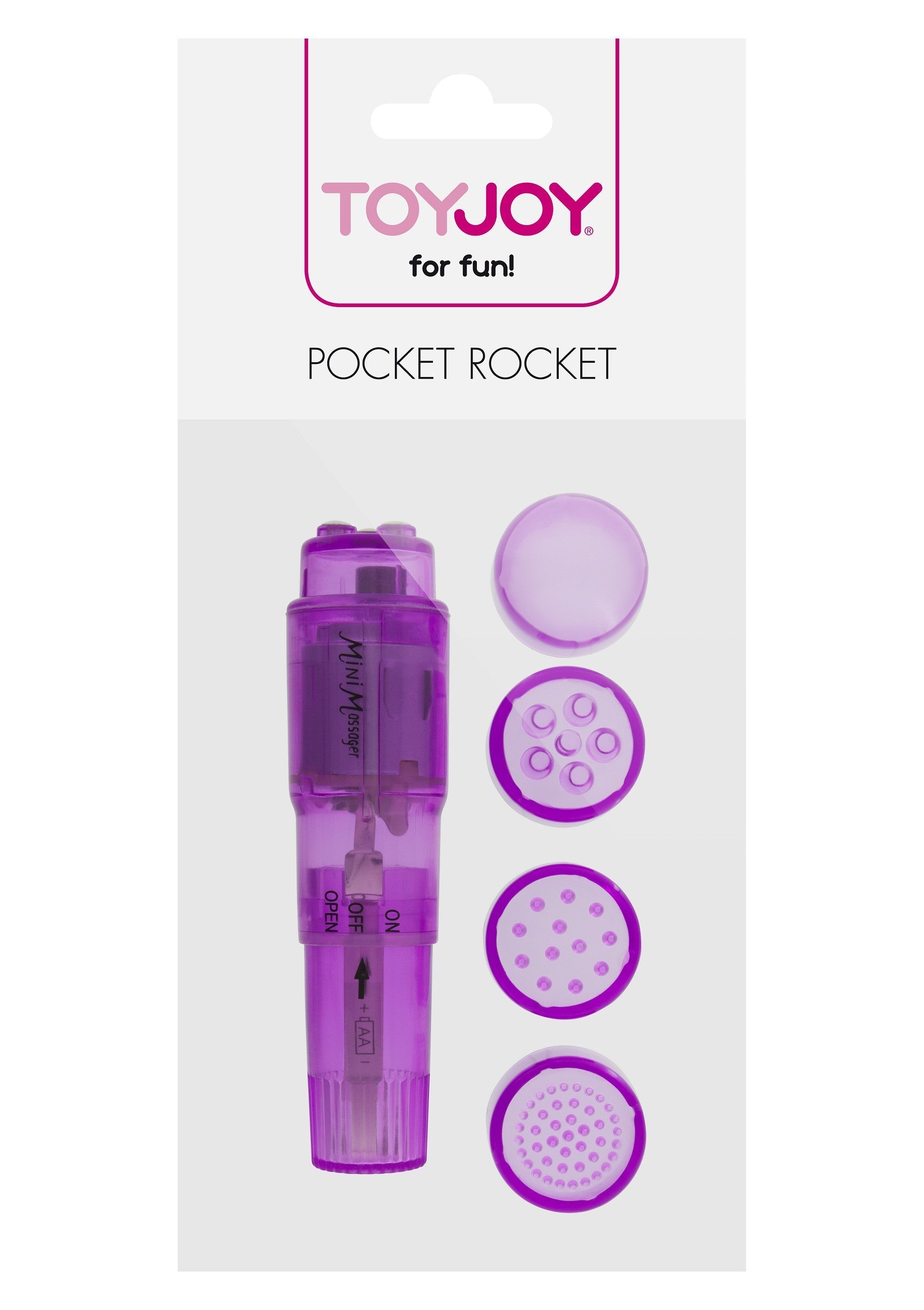 ToyJoy Pocket Rocket mini masseur vibrant violet avec différents embouts pour une expérience personnalisée.; ToyJoy Pocket Rocket paarse vibrerende mini-massager met verschillende opzetstukken voor een gepersonaliseerde ervaring.; ToyJoy Pocket Rocket purple vibrating mini massager with different attachments for a customized experience.
