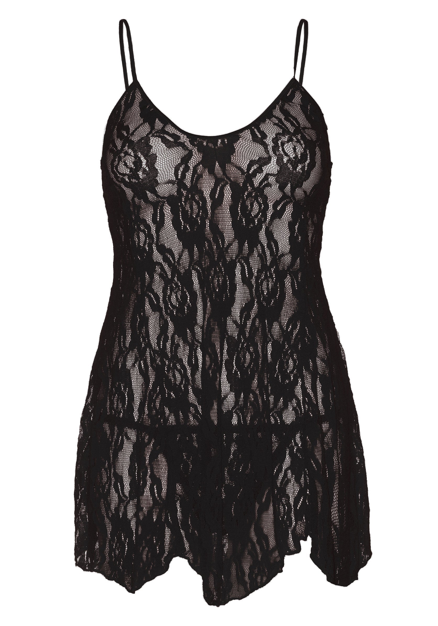 Nuisette noire en dentelle délicate avec fines bretelles. Élégante et sensuelle pour une nuit romantique.; Zwarte kanten negligé met dunne bandjes. Elegant en sensueel voor een romantische nacht.; Black lace chemise with thin straps. Elegant and sensual for a romantic night.