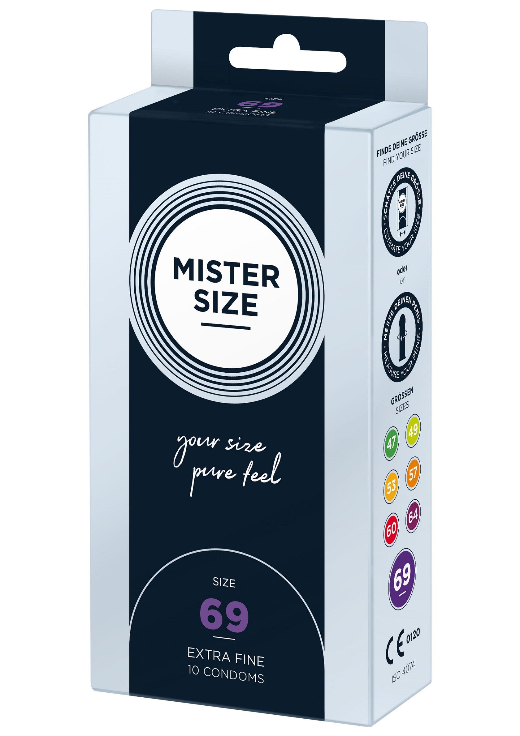Préservatifs Mister Size 69, extra fins, pour une sensation naturelle et une protection optimale. Trouvez votre taille idéale !; Mister Size 69 condooms, extra dun, voor een natuurlijk gevoel en optimale bescherming. Vind jouw ideale maat!; Mister Size 69 condoms, extra fine, for a natural feel and optimal protection. Find your perfect fit!