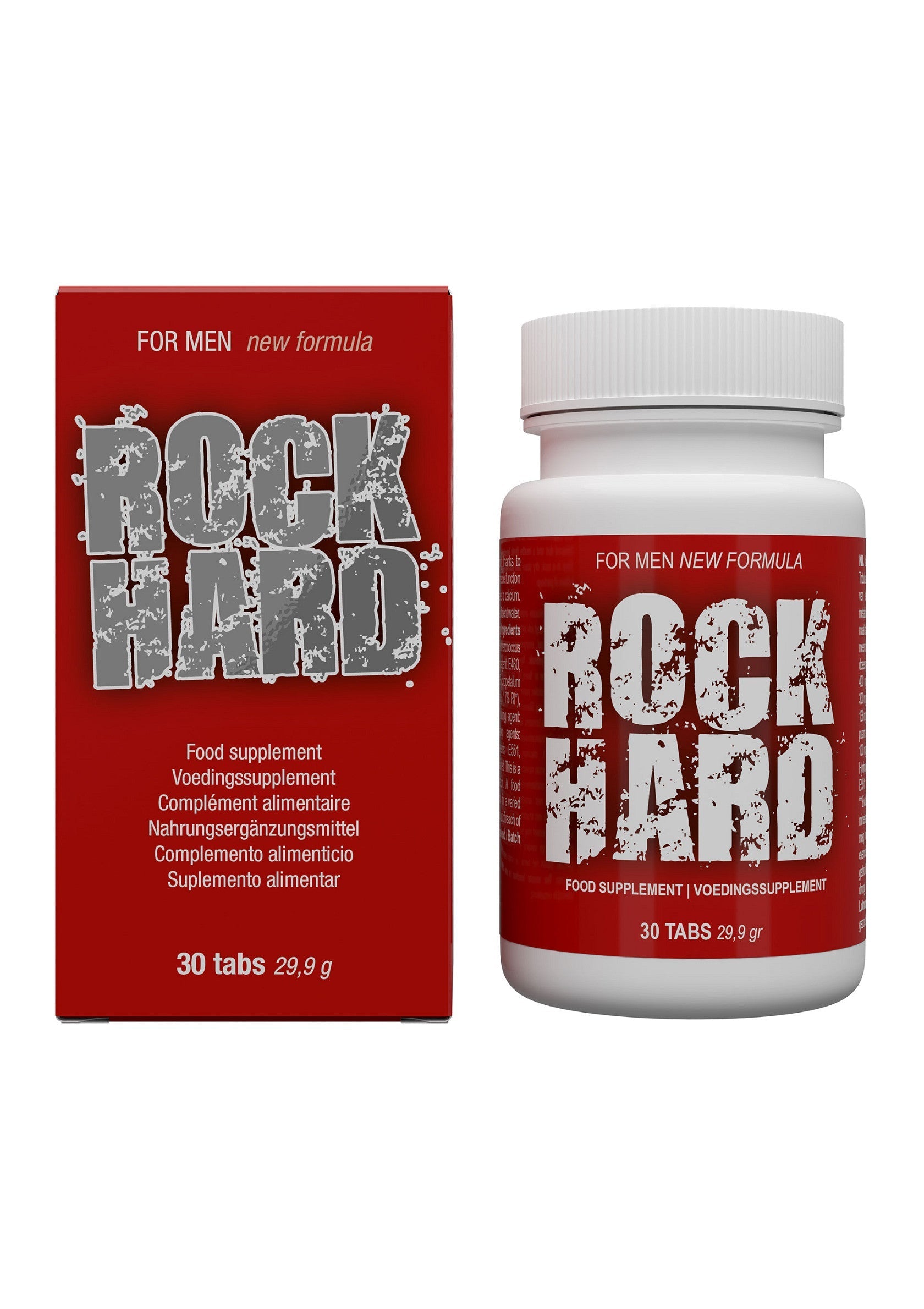 Rock Hard, complément alimentaire pour homme. Nouvelle formule, 30 comprimés par boîte.; Rock Hard, voedingssupplement voor mannen. Nieuwe formule, 30 tabletten per verpakking.; Rock Hard, food supplement for men. New formula, 30 tabs per package.