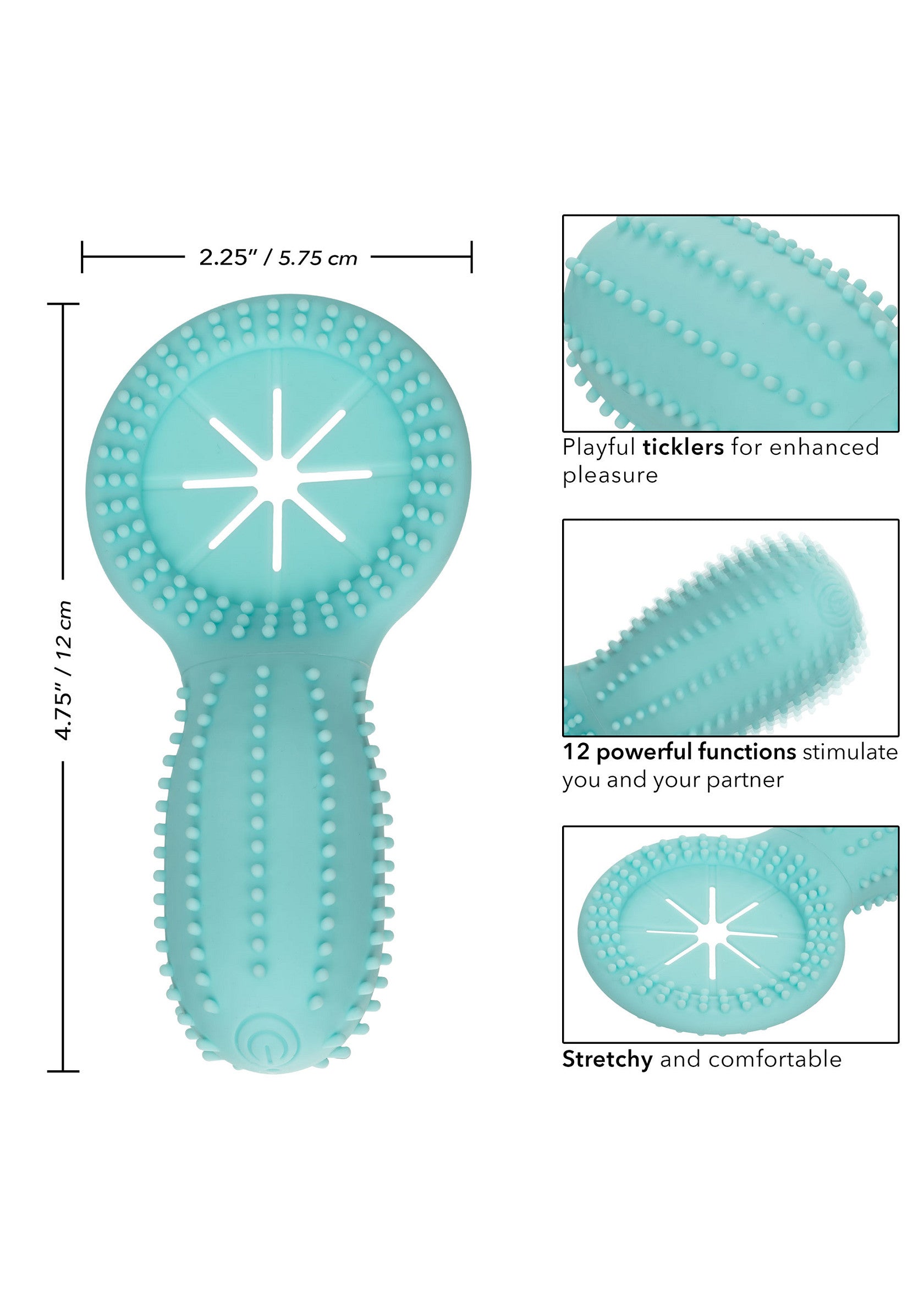 Stimulateur turquoise extensible et confortable avec picots pour une stimulation accrue. 12 fonctions puissantes pour vous et votre partenaire.; Rekbare, comfortabele turquoise stimulator met noppen voor verhoogde stimulatie. 12 krachtige functies voor jou en je partner.; Stretchy, comfortable turquoise stimulator with nubs for enhanced stimulation. 12 powerful functions stimulate you and your partner.