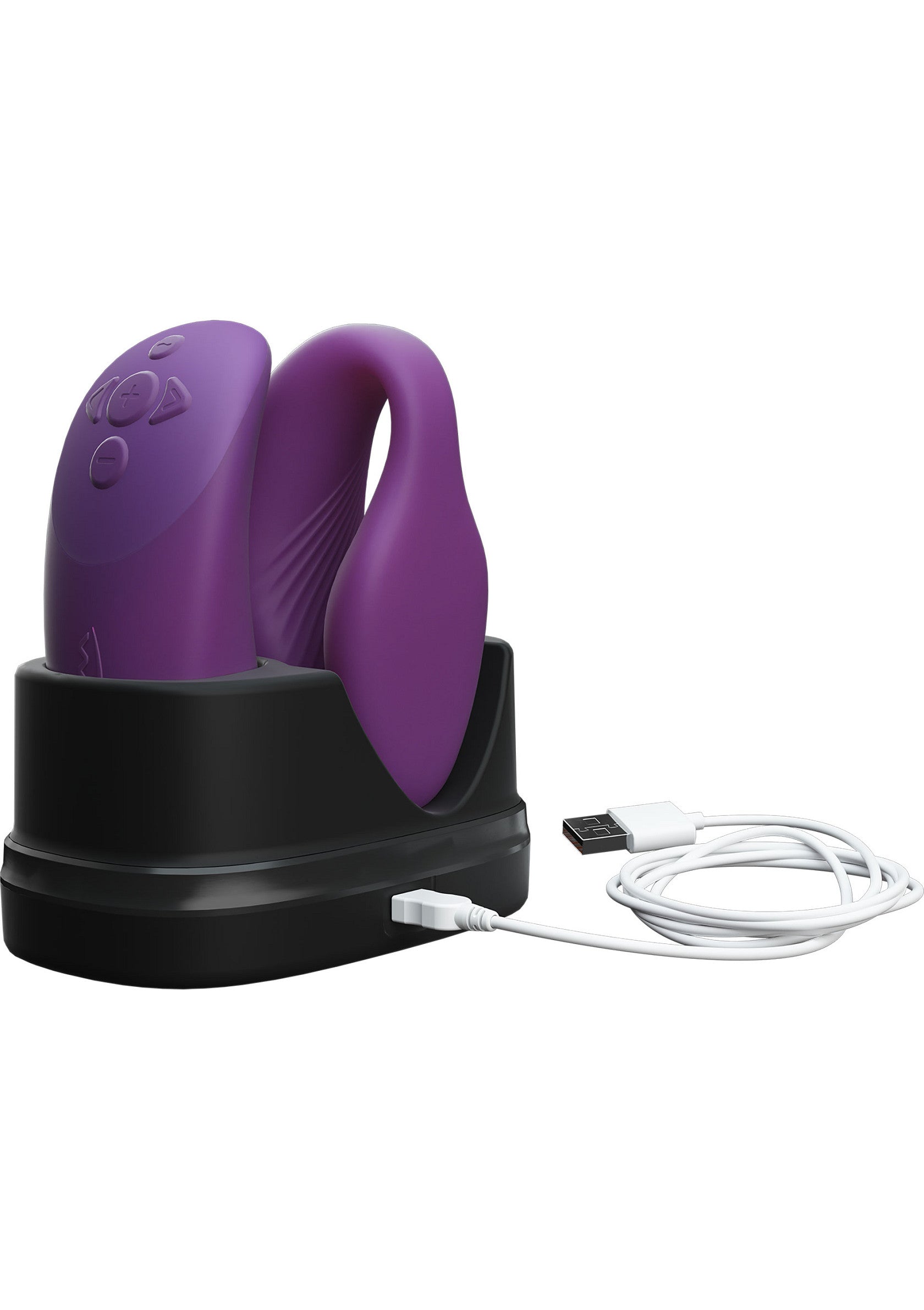 Masseur vibrant violet rechargeable avec câble USB et station de chargement noire.; Oplaadbare paarse vibrerende stimulator met USB-kabel en zwart laadstation.; Rechargeable purple vibrating massager with USB cable and black charging station.