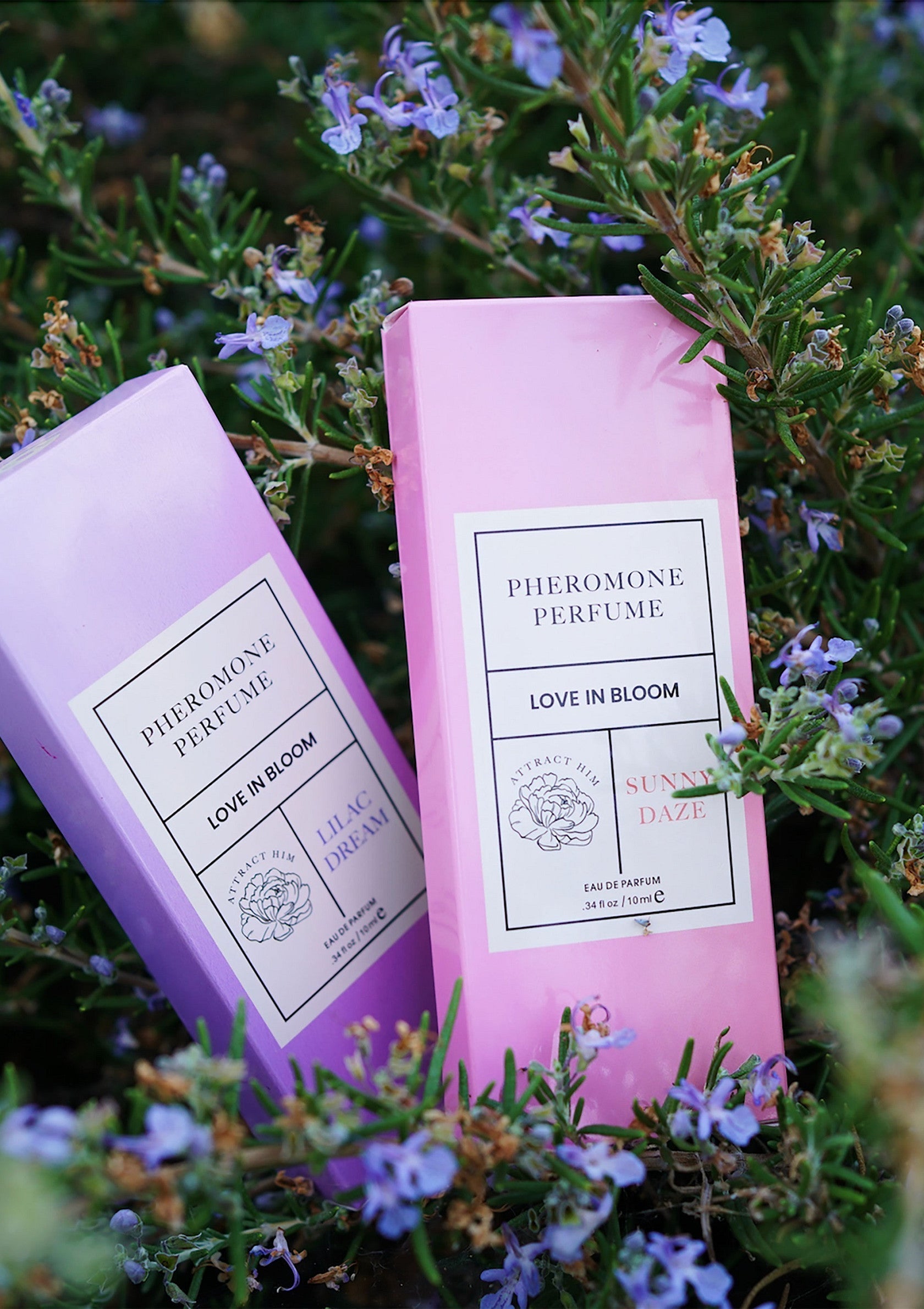Parfums aux phéromones 'Love in Bloom' : Lilac Dream et Sunny Daze. Arômes floraux séduisants pour elle.; Feromoonparfums 'Love in Bloom': Lilac Dream en Sunny Daze. Verleidelijke bloemengeuren voor haar.; Pheromone perfumes 'Love in Bloom': Lilac Dream and Sunny Daze. Seductive floral scents for her.