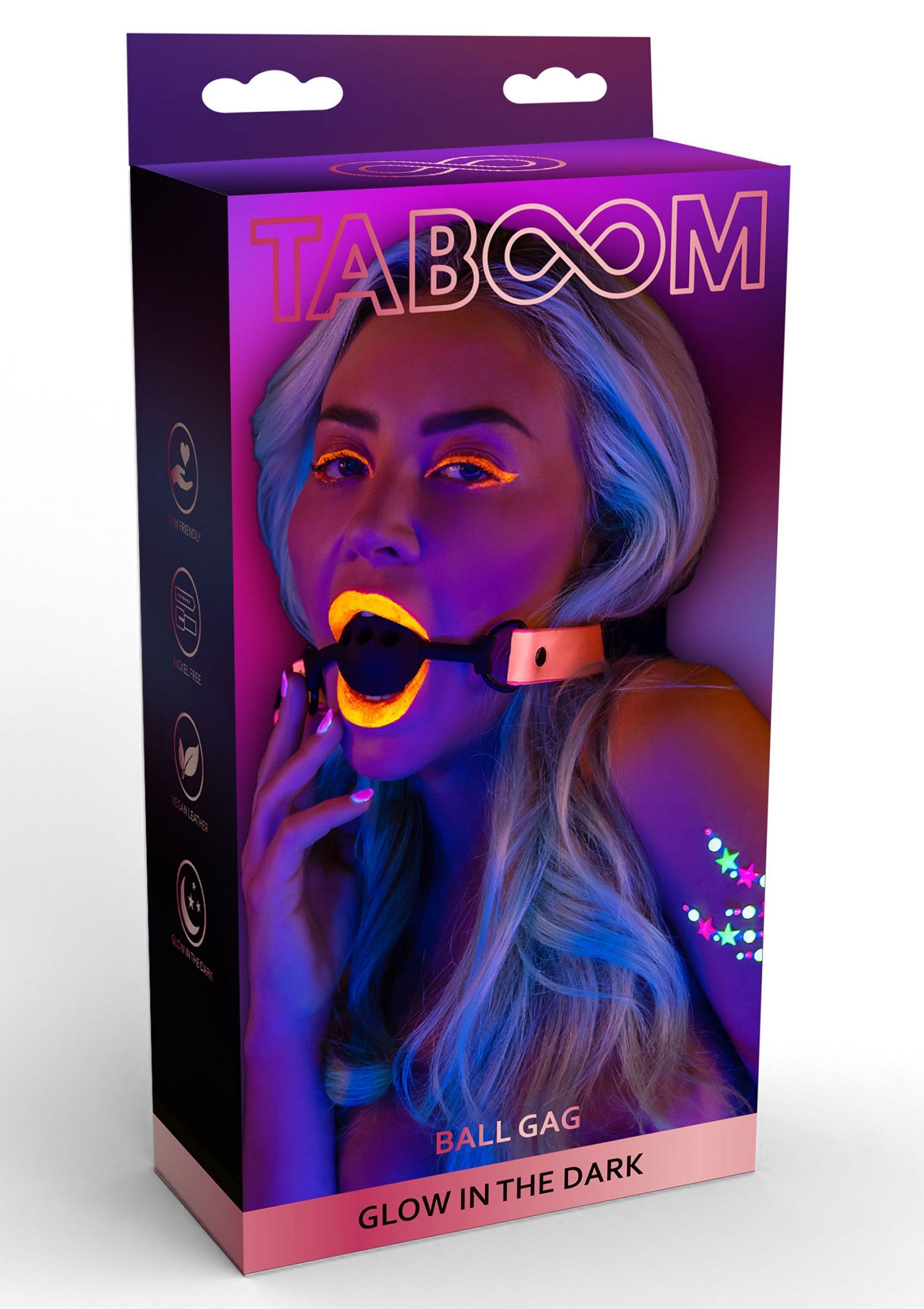 Taboom Ball Gag Glow in the Dark. Un accessoire de jeu qui brille dans le noir pour une expérience amusante et excitante.; Taboom Ball Gag Glow in the Dark. Een speeltje dat oplicht in het donker voor een leuke en spannende ervaring.; Taboom Ball Gag Glow in the Dark. A glow-in-the-dark toy for a fun and exciting experience.