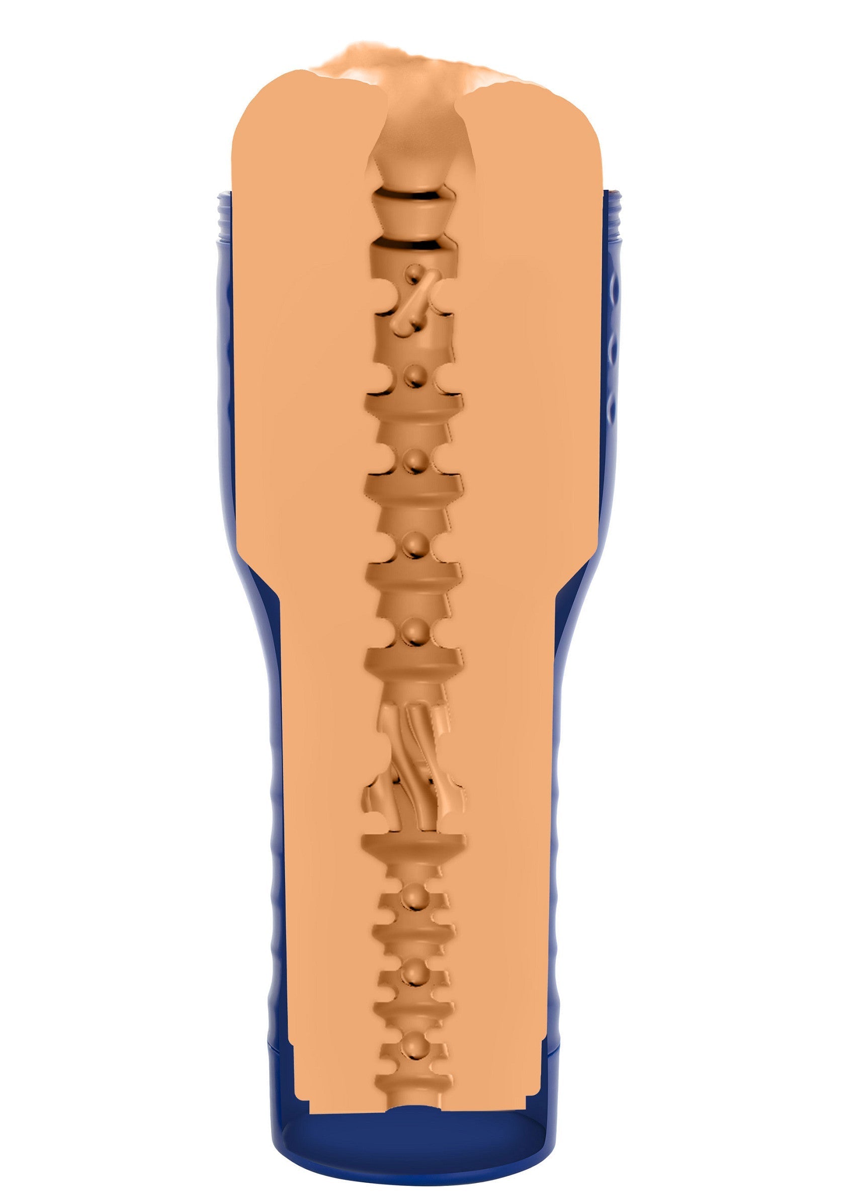 Manchon masturbatoire texturé bleu et chair pour une expérience sensorielle intense.; Getextureerde masturbatie sleeve in blauw en huidkleur voor een intense sensuele ervaring.; Textured blue and flesh-toned masturbation sleeve for an intense sensory experience.