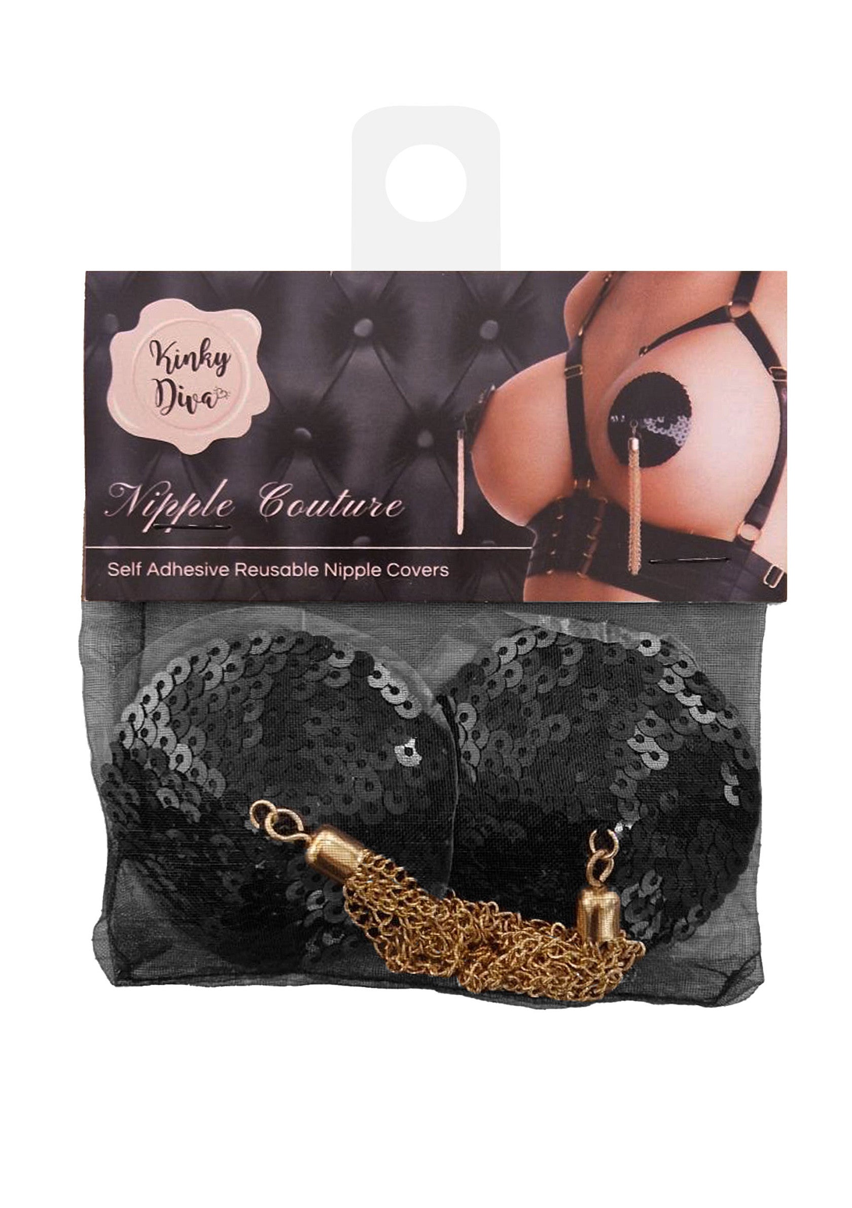 Caches-tétons Kinky Diva Nipple Couture noirs à paillettes avec chaîne dorée. Accessoires de lingerie réutilisables et audacieux.; Kinky Diva Nipple Couture zwarte pailletten tepelbedekkers met gouden ketting. Herbruikbare, gewaagde lingerie accessoires.; Kinky Diva Nipple Couture black sequin nipple covers with gold chain. Reusable, daring lingerie accessories.