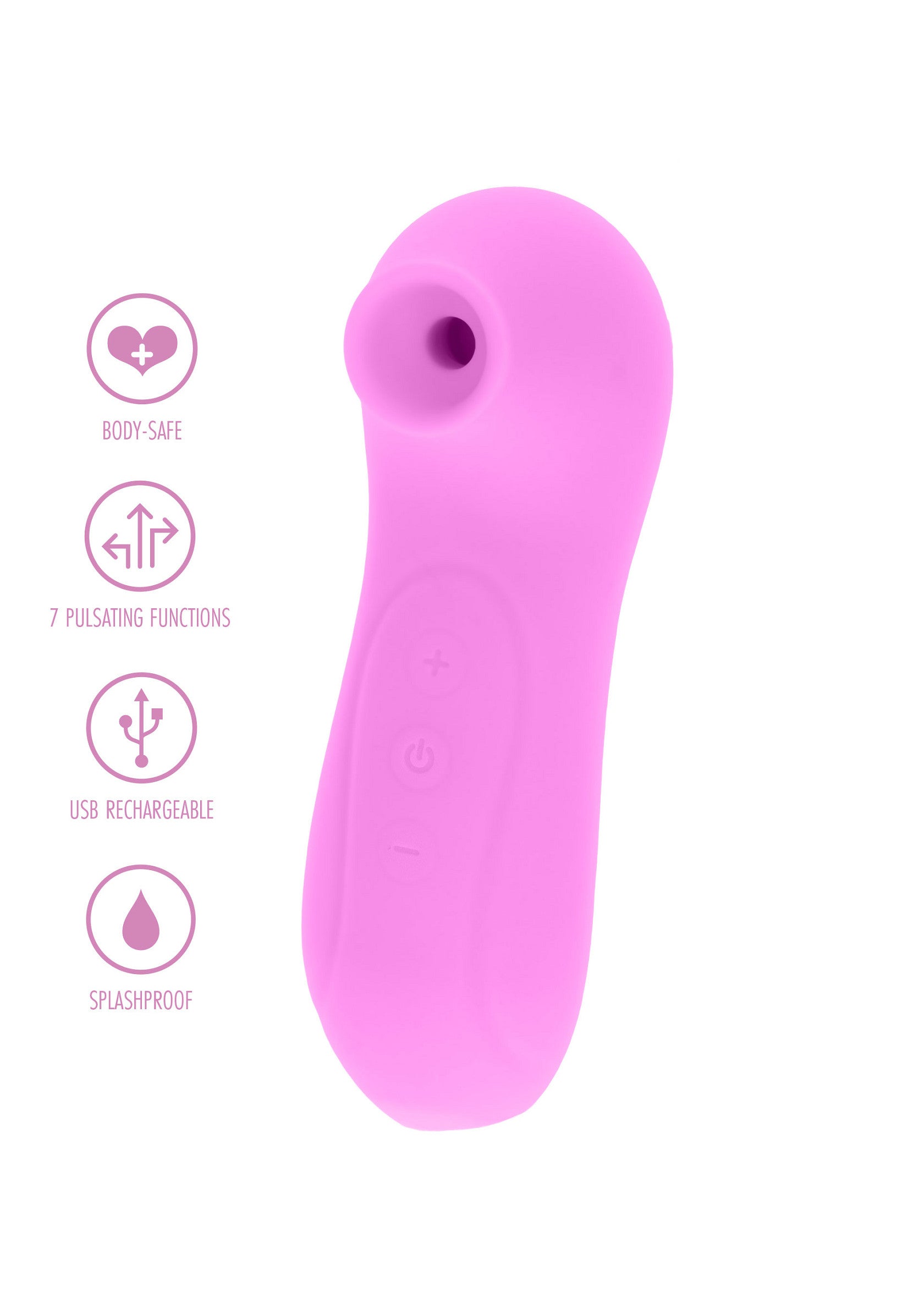 Stimulateur clitoridien rose, rechargeable par USB, étanche et sûr pour le corps. Offre 7 fonctions de pulsation différentes.; Roze clitorisstimulator, USB-oplaadbaar, spatwaterdicht en lichaamsveilig. Biedt 7 verschillende pulserende functies.; Pink clitoral stimulator, USB rechargeable, splashproof, and body-safe. Offers 7 different pulsating functions.