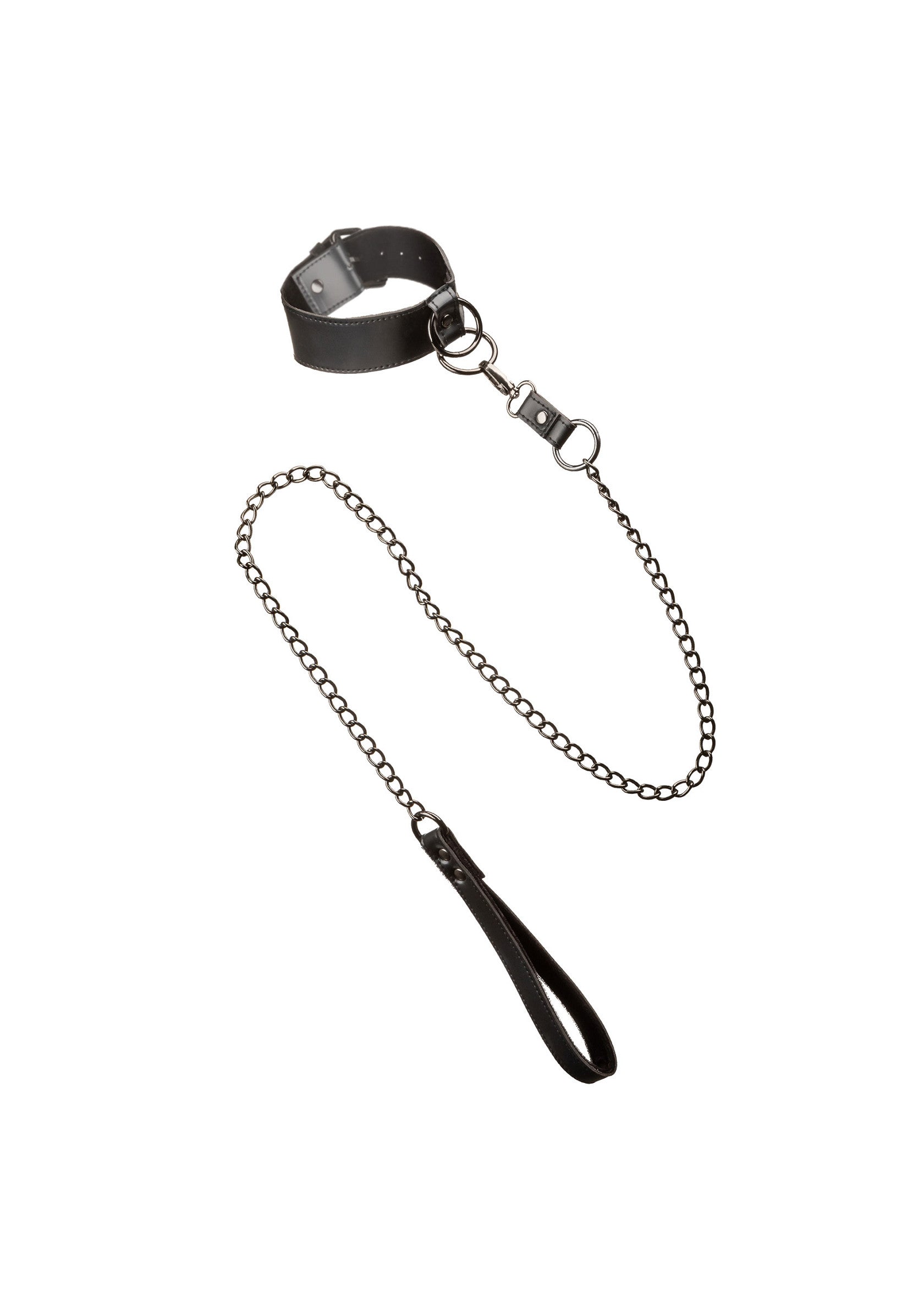 Collier et chaîne en cuir noir pour jeu de rôle adulte.; Zwart lederen halsband en ketting voor volwassen rollenspel.; Black leather collar and chain for adult roleplay.